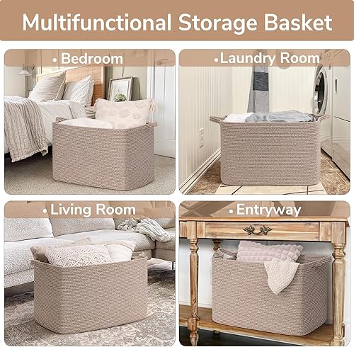 Vista 19 de Goodpick Cesta grande de almacenamiento de juguetes, cestas de cuerda de algodón gris para bebés, niños, cesta de almacenamiento tejida con asa