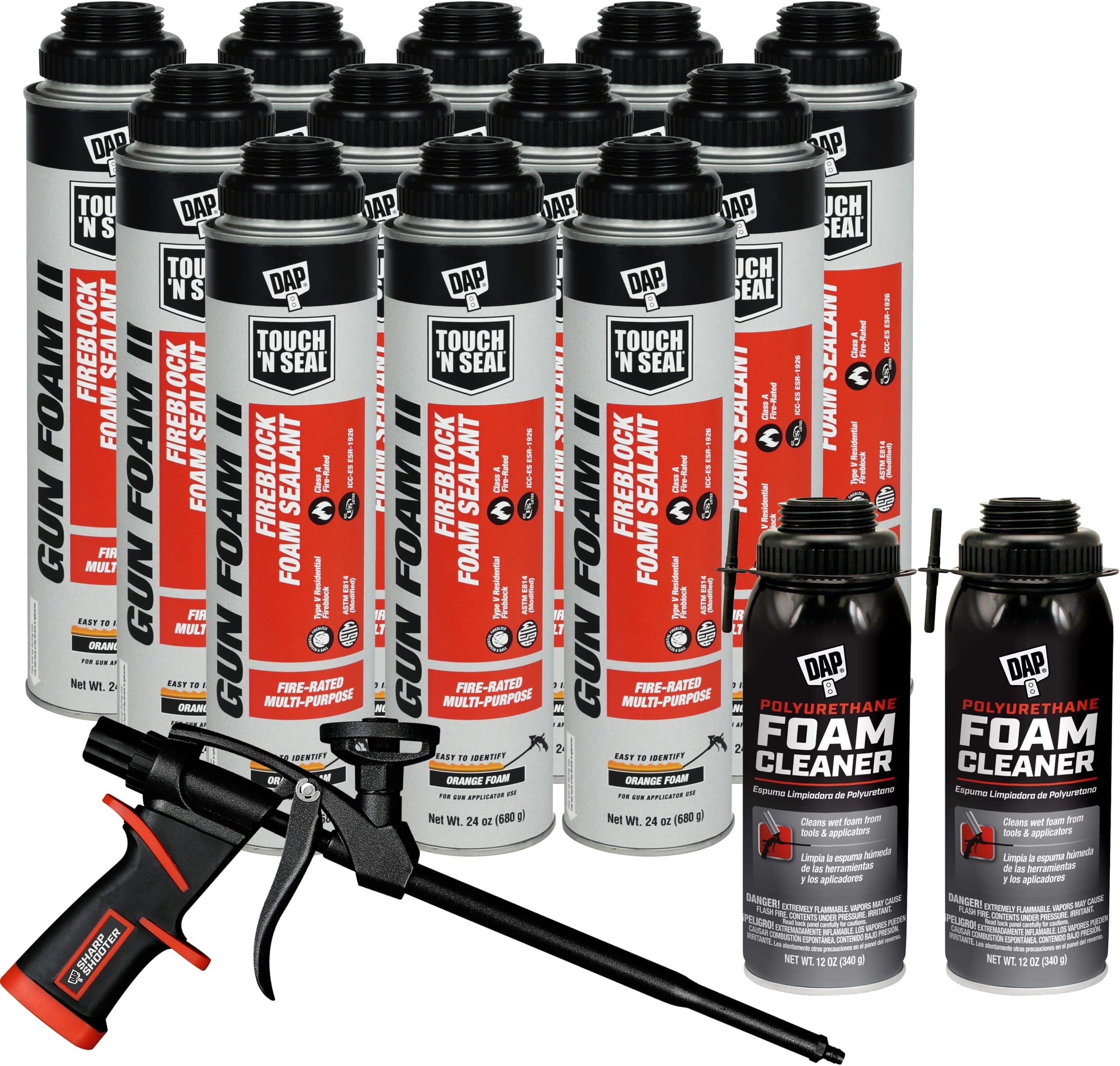 Touch N Seal Gun Foam II Fire Blocking Polyurethane Gun Foam Spray Sealant Kit - 12/24oz Cans, 2/12oz Cans Zero FOC Polyurethane Foam Cleaner, and 1 - Reusable Applicator Gun