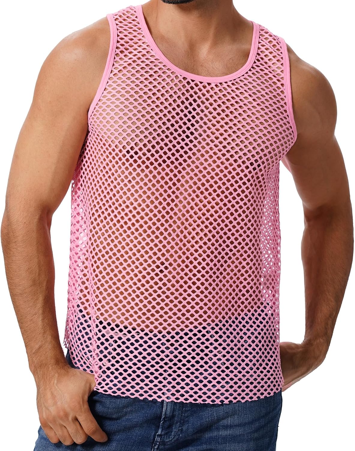 ABAFIP Men's Fishnet Mesh Tank Top Sleeveless Sheer Shirt Gym Workout Fitted Muscle Top Undershirt