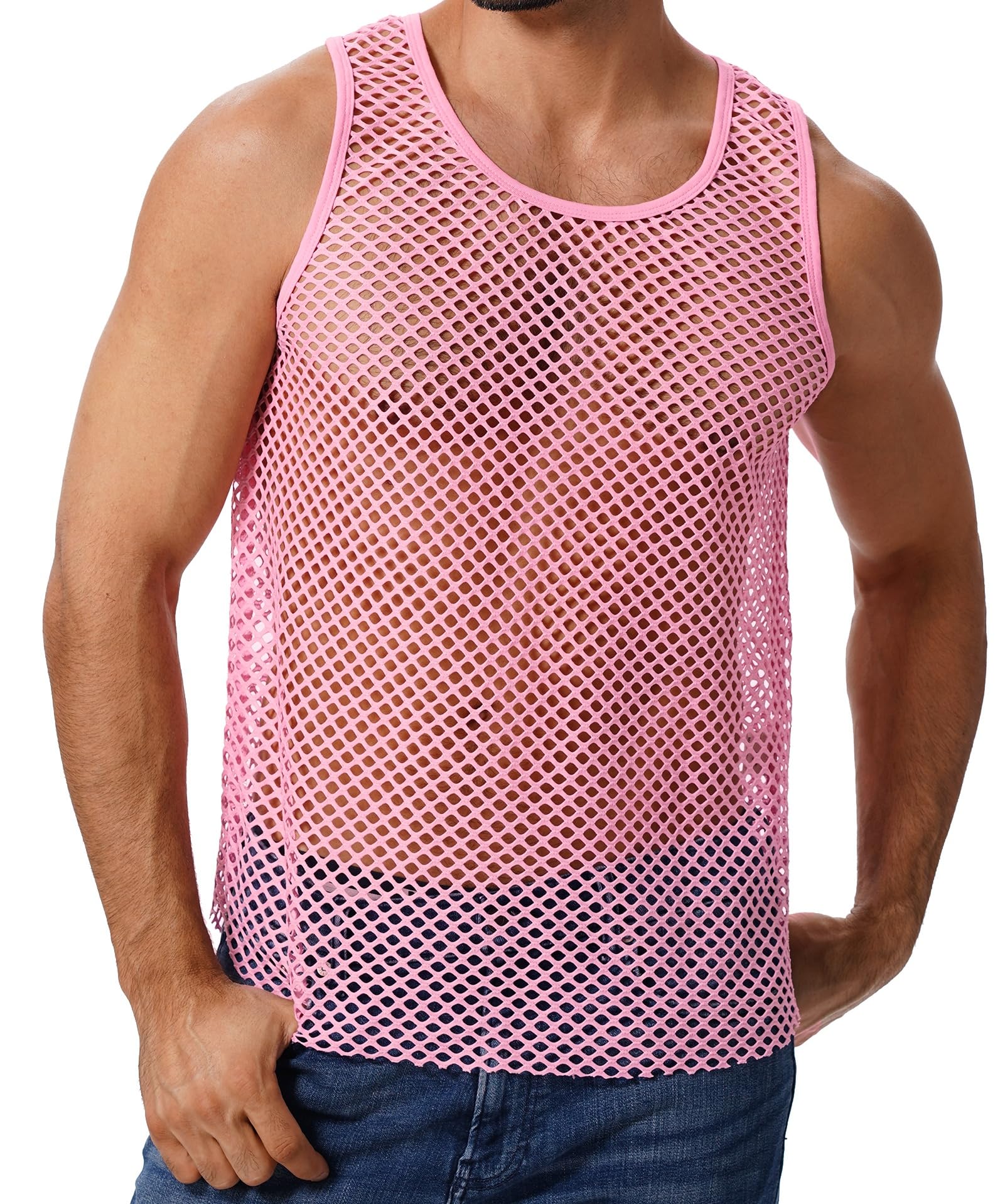 ABAFIP Men's Fishnet Mesh Tank Top Sleeveless Sheer Shirt Gym Workout Fitted Muscle Top Undershirt