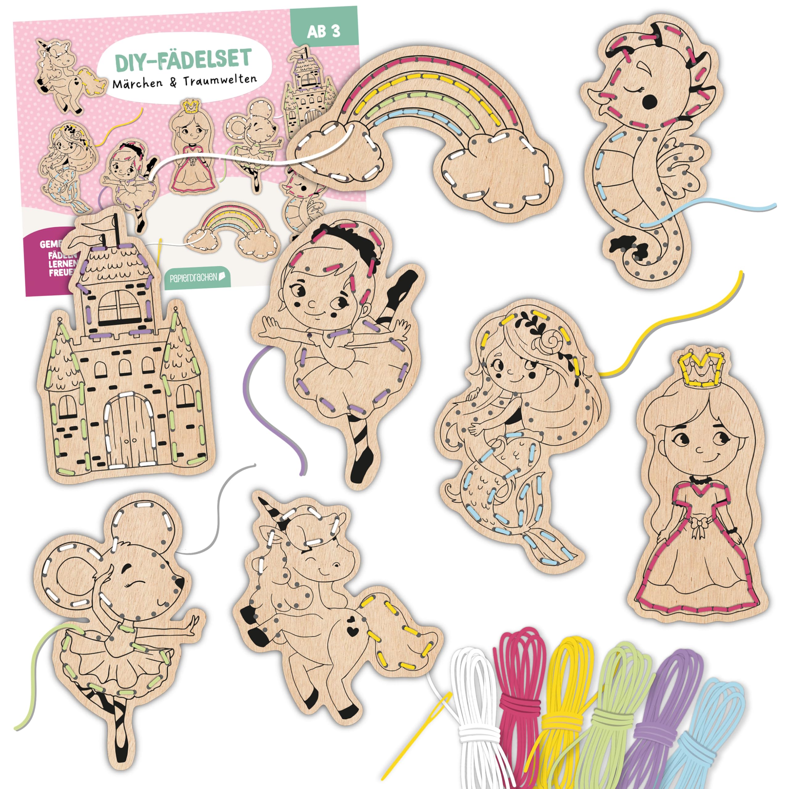 Papierdrachen DIY Fädelset aus Holz für Kinder - Mädchen - 8 Holzfiguren - 6 bunte Schnüre - Plastiknadel - kreatives Basteln zur Förderung der Feinmotorik