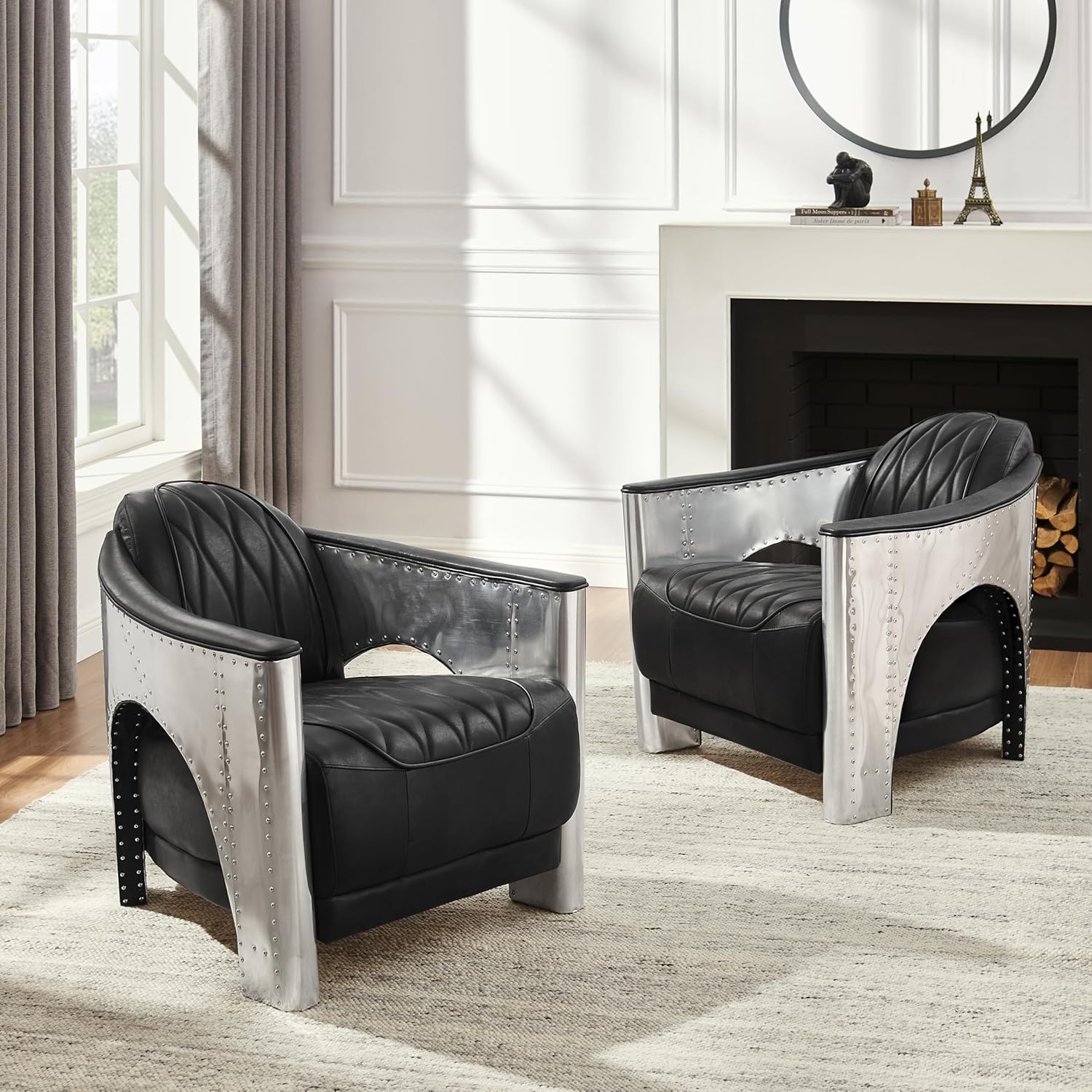 Art Leon Genuine Leather Accent Chairs - Mid Century Industrial Armchair, Vintage Leather Upholstered Club Barrel Chair with Aluminum Patchwork for Living Room Bedroom, Set of 2, Black