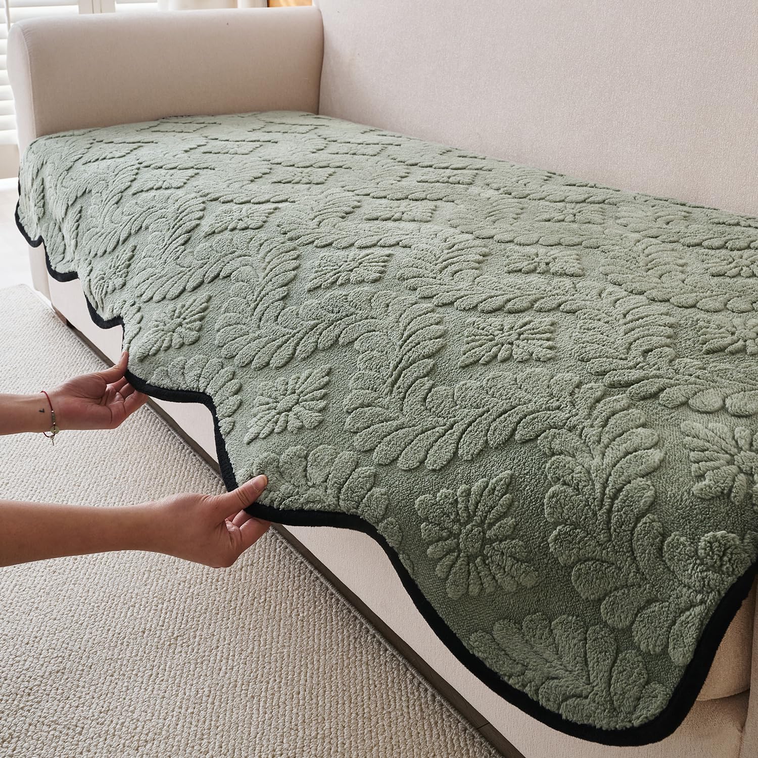 HOKIPO Premium Velvety Sofa Cover Mat for 1/2/3 Seater & L Shaped Sofa | Anti-Slip DIY Sofa Mat, 'Wavy Petal Crest Series' | 90(W) x 120(L) cm | Sage Green (AR-6601-GRN)