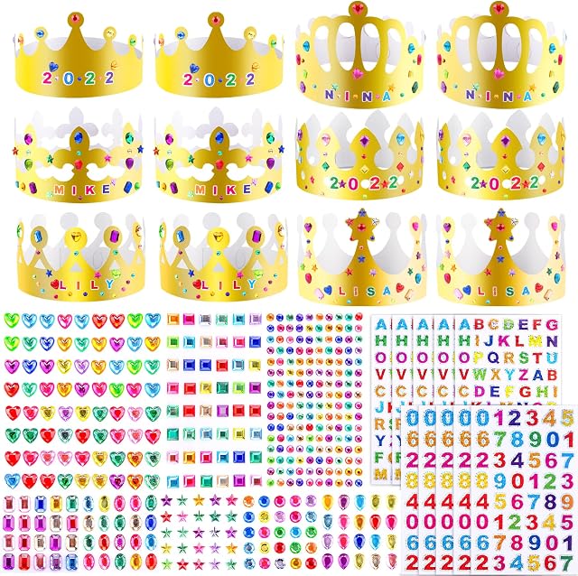 SIQUK 24 Pieces Paper Crown Golden Party Crown King Crown Hats with 980 Pieces Gem Jewels Alphabet Number Letter Stickers Princess Prince Crown for Party and Celebration