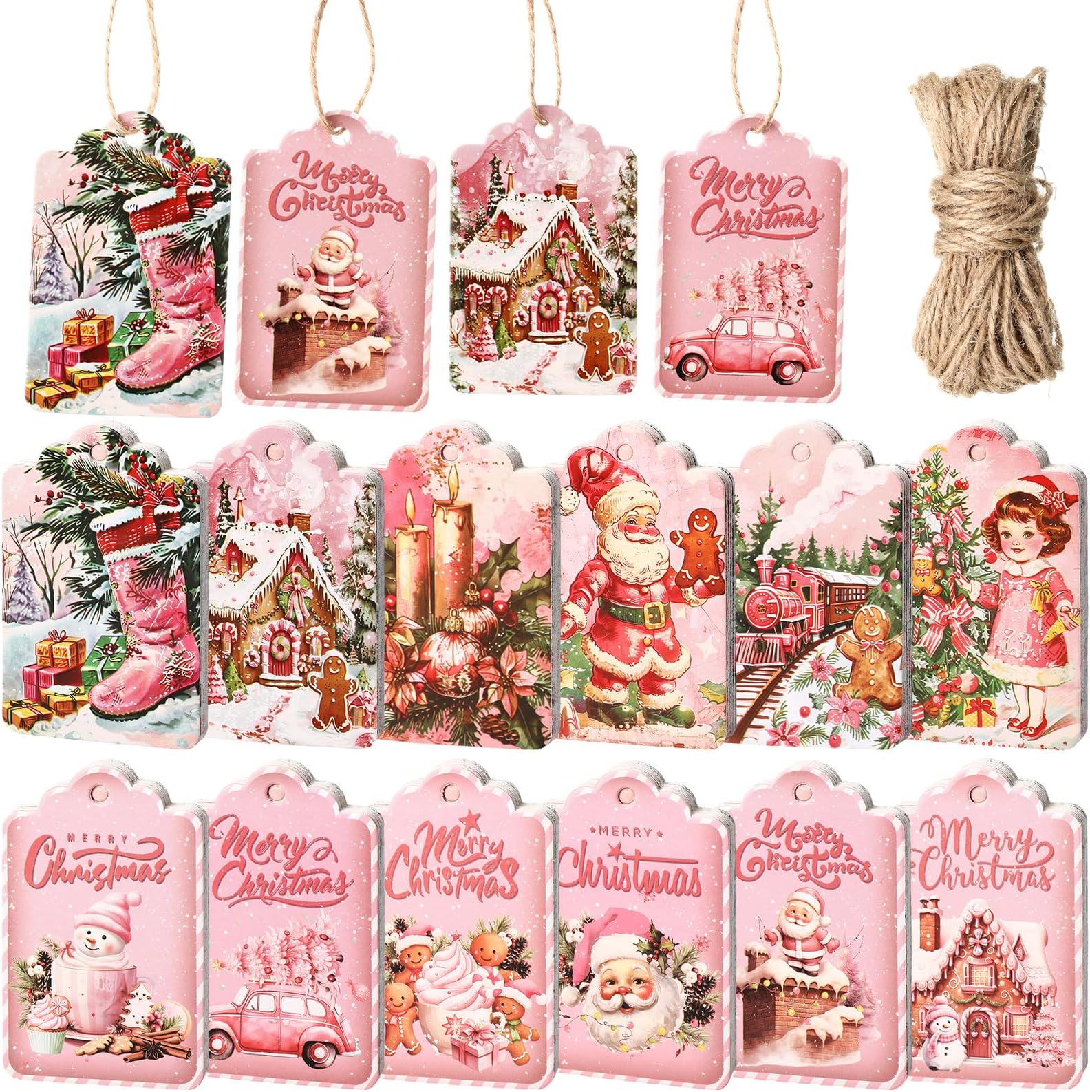 Whaline 100Pcs Christmas Tags with Hemp Rope Watercolor Plants Paper Tags Merry Christmas Holiday Hanging Labels Seasonal Wishes Gift Tag for Xmas Winter DIY Gift Party Favor Decor