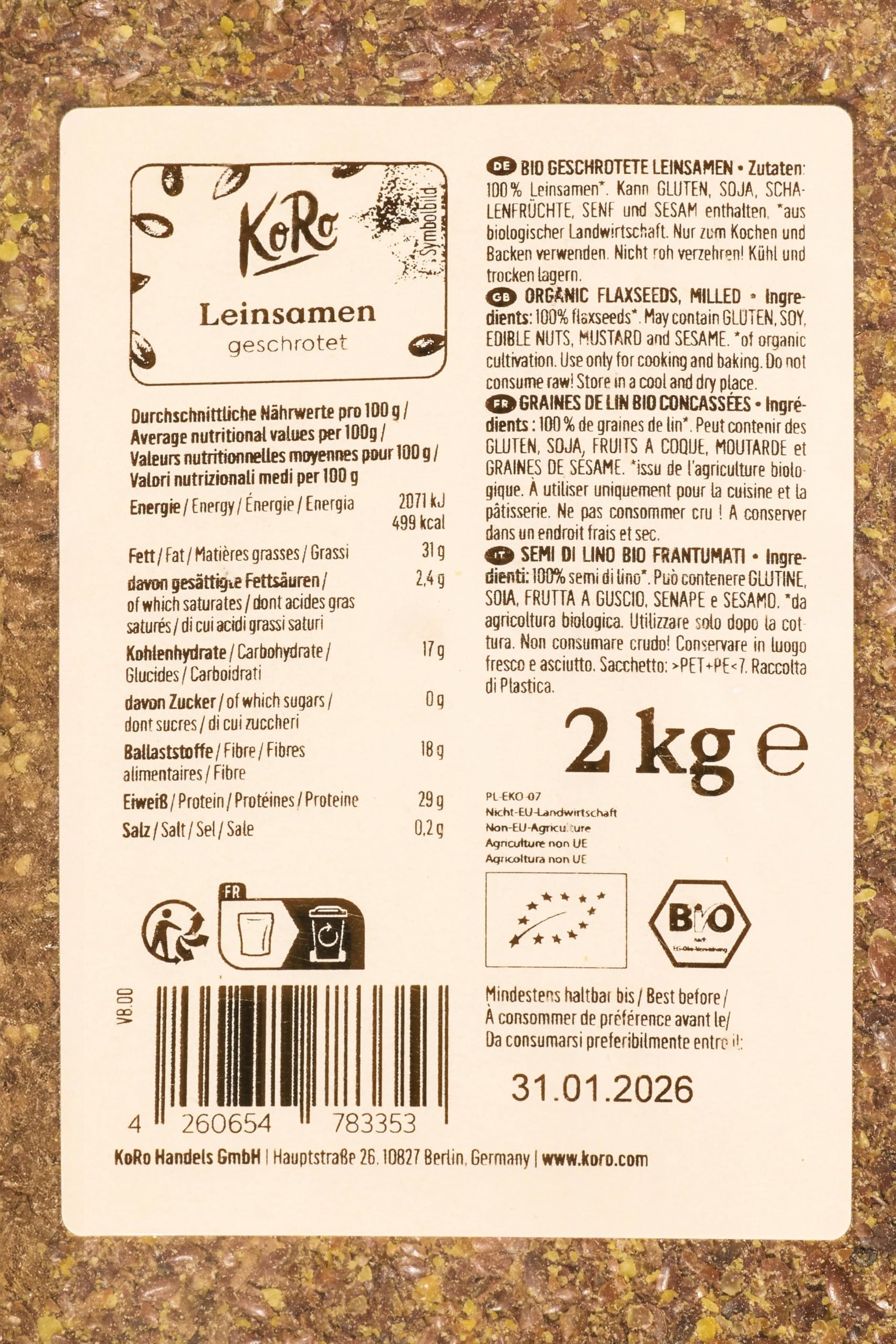 KoRo - Semi di lino macinati bio 2 kg - Formato convenienza - Senza additivi - In ricette o come topping - Bio e vegan