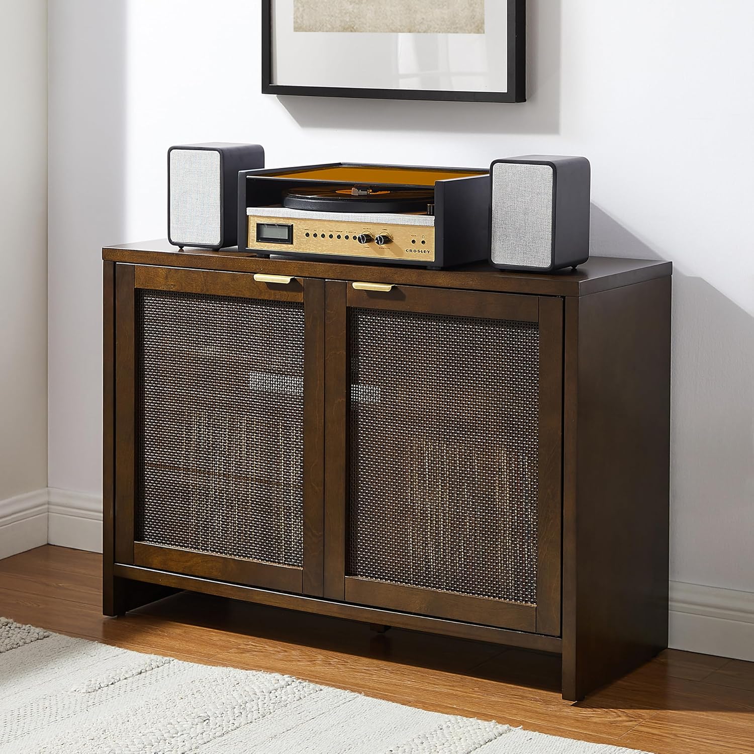 Crosley Furniture Kenji Media Console, Record Player Stand with Vinyl Storage, Modern Home Organizer, Dark Brown