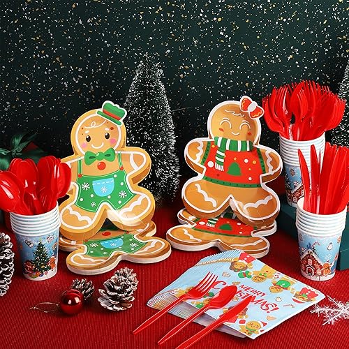 Miniatura 5 de durony Juego de vajilla de 168 piezas de pan de jengibre para fiesta de Navidad, incluye platos de papel, servilletas, vasos, cuchillos, tenedores,