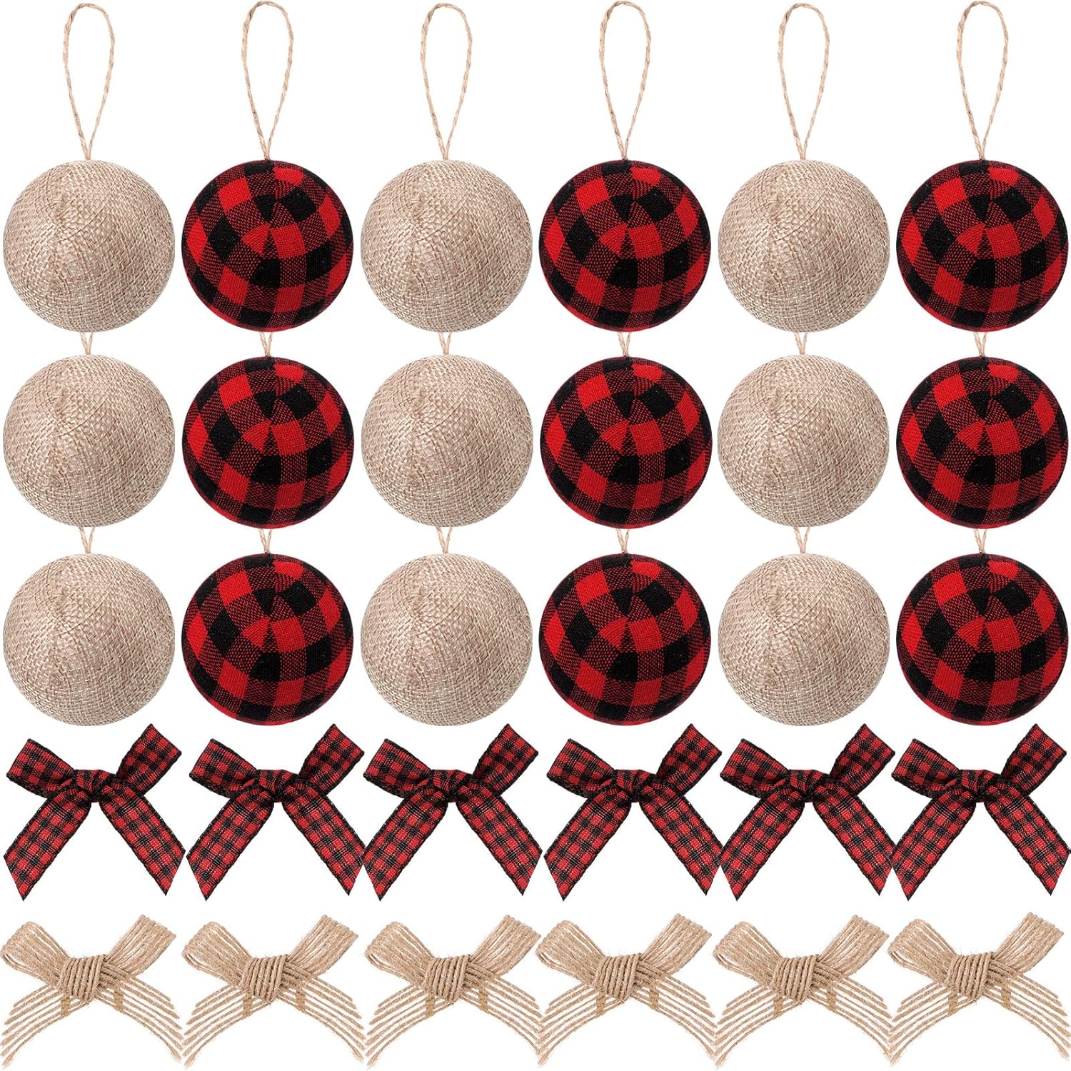 30 Pcs Christmas Tree Ornaments Decorations,18 Buffalo Plaid Burlap Farmhouse 2.4in Christmas Ball Ornament with 12 Mini Plaid Burlap Bows for Country Rustic Xmas Home Decor Indoor(White Black)