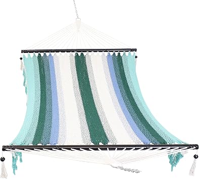 Sunnydaze Spreader Bar Woven Cotton Hammock for Outdoors, Lagoon Stripe