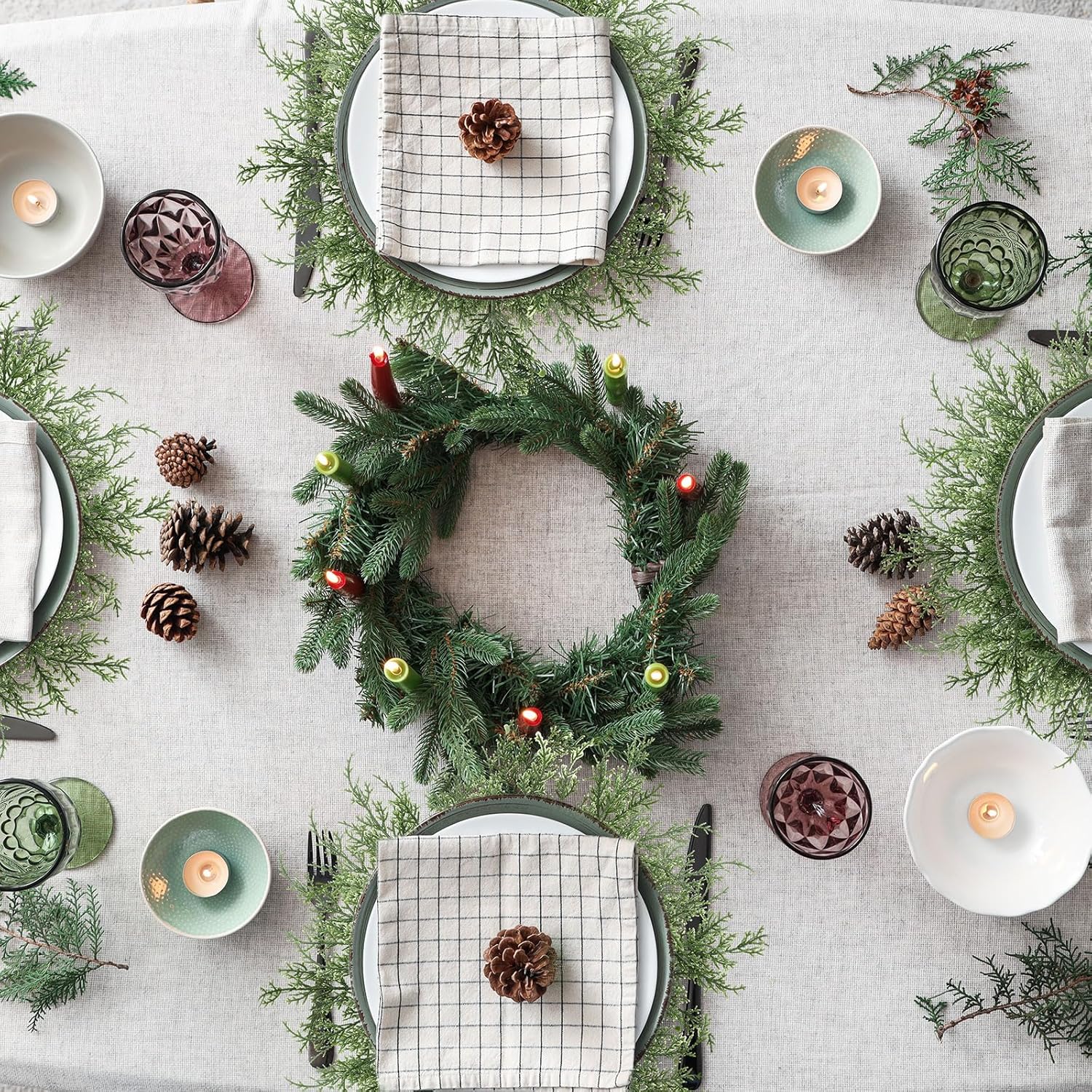 12 Pack Christmas Pine Placemats Bulk 20 Inch Christmas Large Round Artificial Realistic Pine Branches Place Mats for Xmas Dining Table Party Decorations