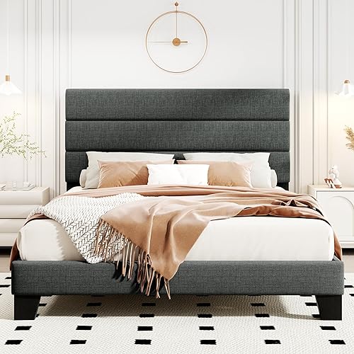 Miniatura 17 de HOOMIC Base de cama de tamaño matrimonial con cabecero, plataforma tapizada de tela con soporte de listones de madera fuerte, base de colchón, no