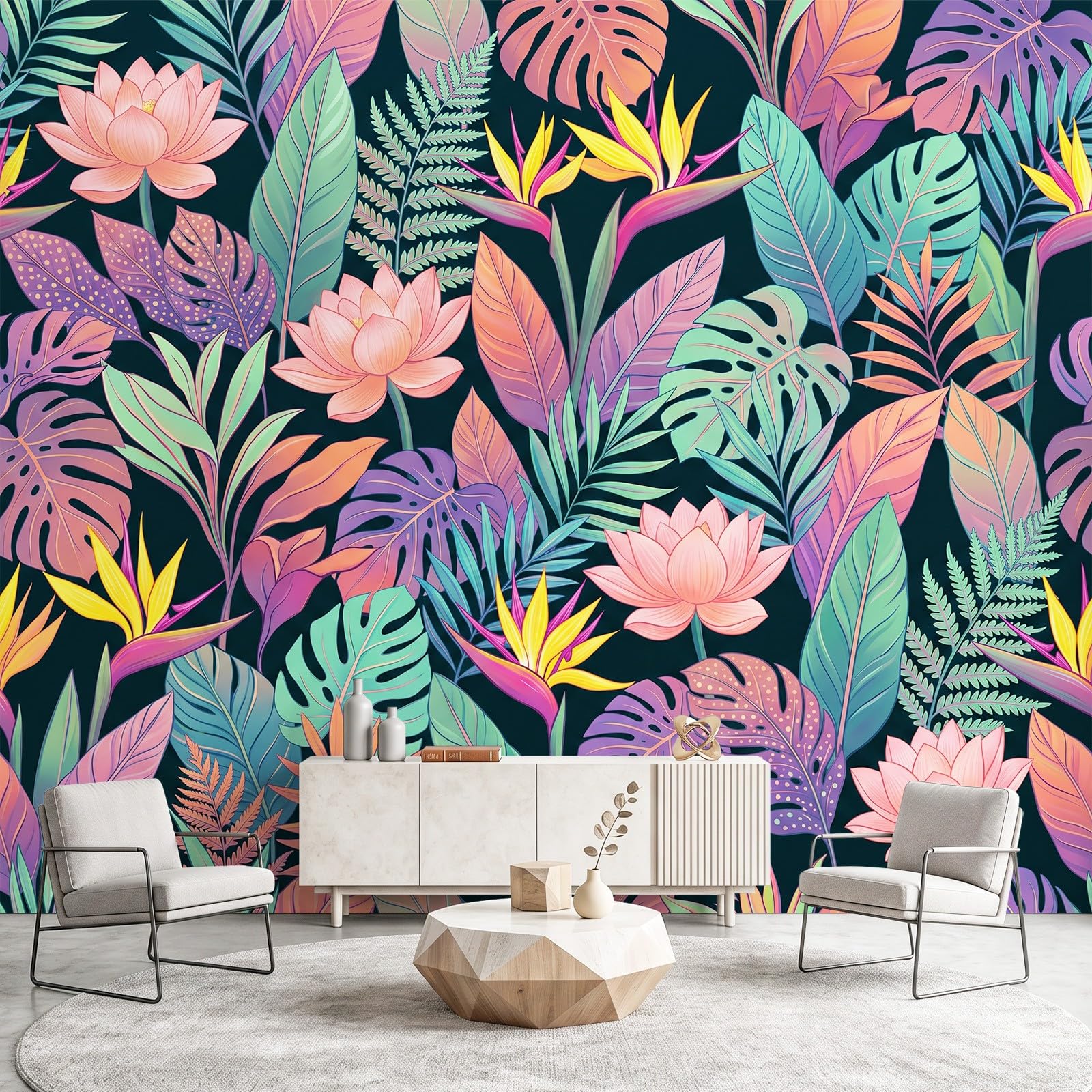 Tropical Floral Papier Peint Panoramique Lotus Feuille，Papier Peint