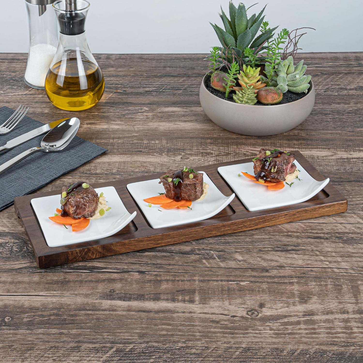 Restaurantware 14.2 x 5.1 x 1.5 Inch Square Plate Set with Tray - 1 Dishwashable Serving Tray Set Includes 3 Porcelain Plates And 1 Bamboo Tray White Porcelain And Bamboo Plate Set Reusable