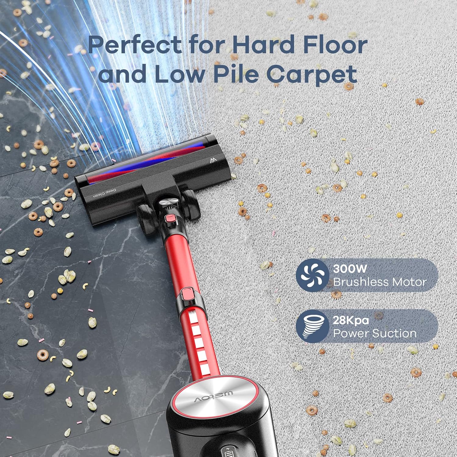 WELOV S25 vacuum cleaning hard floor and low pile carpet with 300W brushless motor and 28Kpa power suction