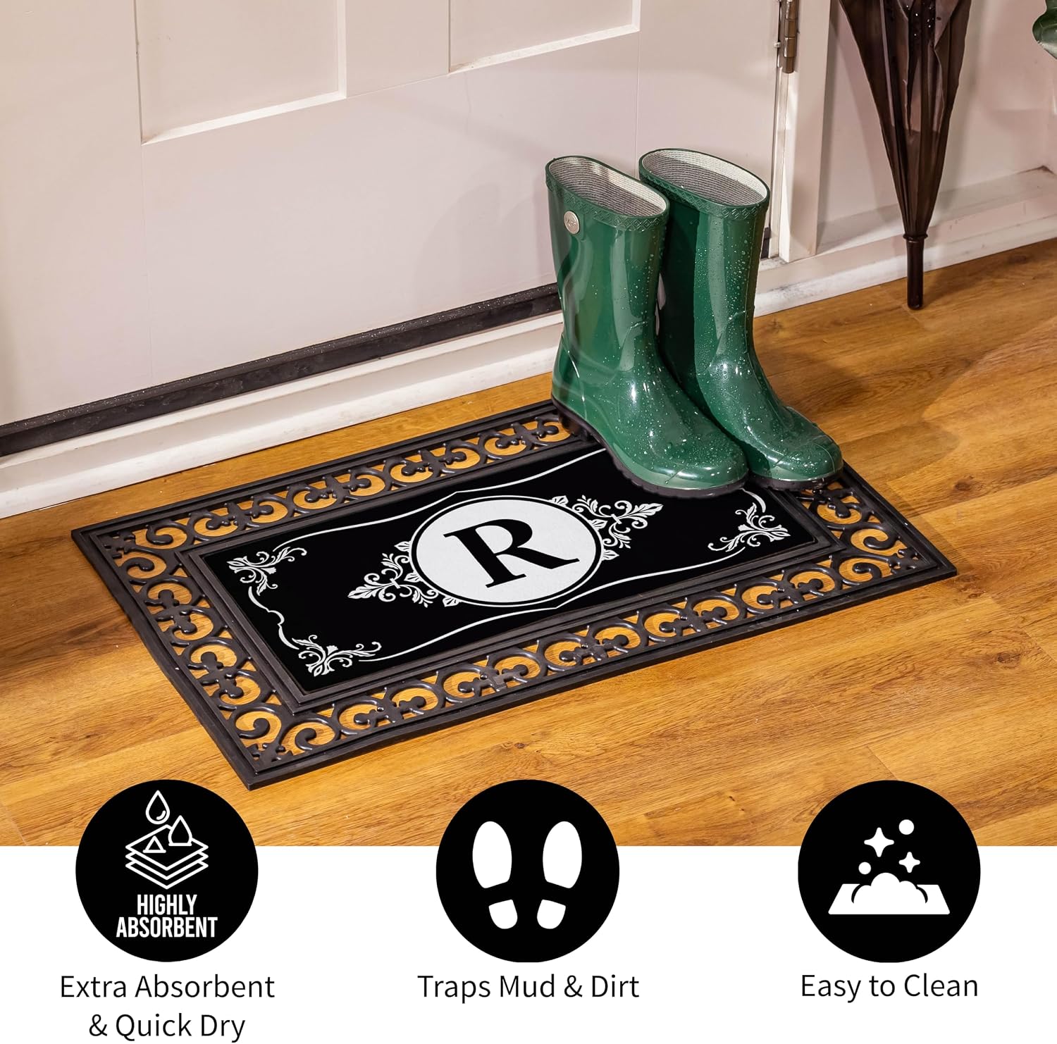 Evergreen Sassafras Ornate Monogram Switch Mat Insert 22" x 10", Letter R, Non-Slip Doormat Outdoor Front Door Mat Indoor Entryway Rug