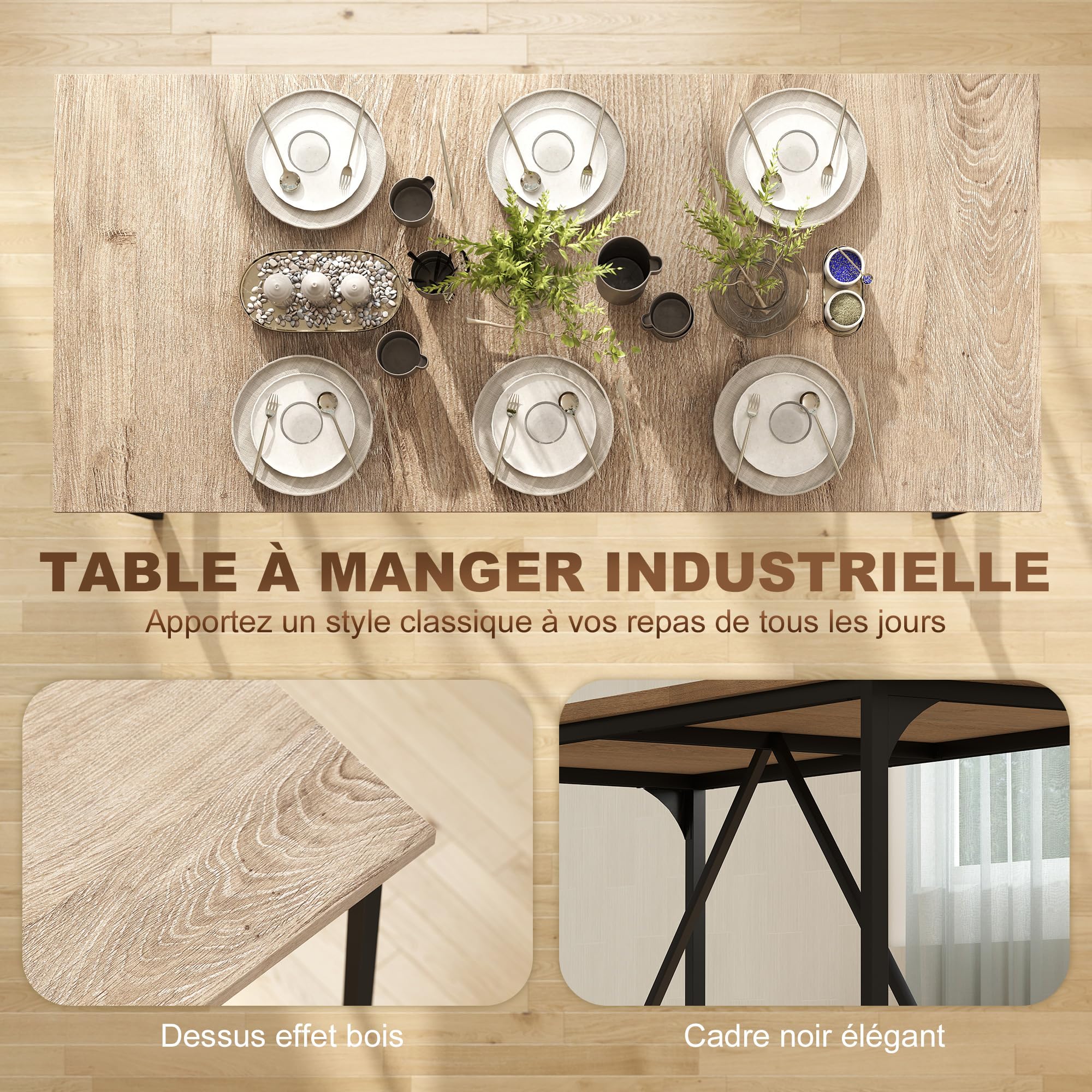 HOMCOM Table à Manger pour 6-8 Personne Rectangulaire 180 x 80 cm Naturel