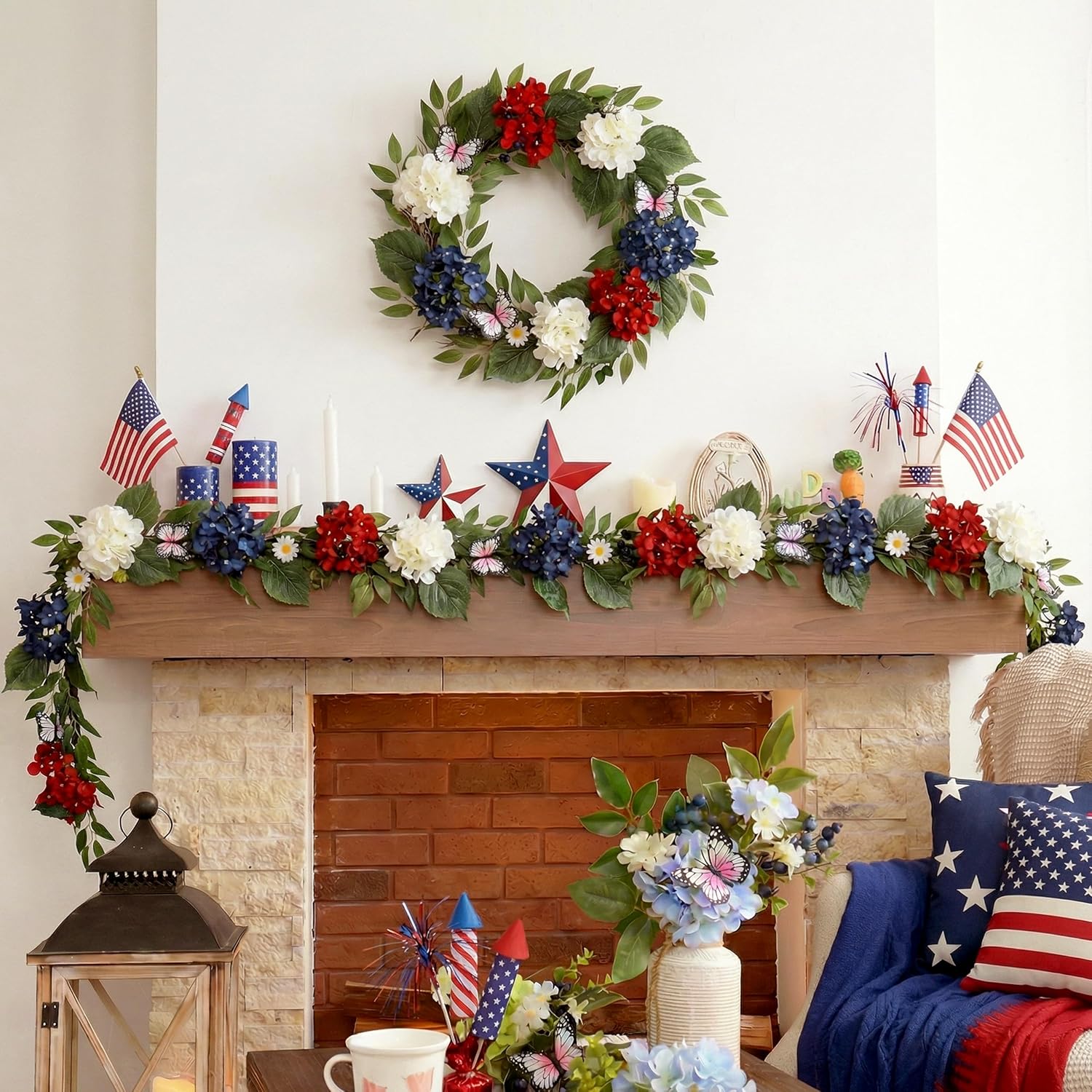 Valery Madelyn 9FT Patriotic Hydrangeas Garland with Lights for Mantle, Red White Blue Summer Floral Daisy Garland with Eucalyptus Leaves Butterfly for 4th of July Independence Day Decor