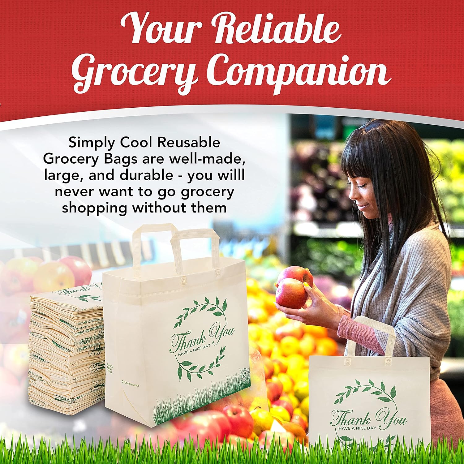 50 Pack Reusable Thank You-Have a Nice Day Eco-Friendly Grocery Shopping Bags 14.5"x14"x6.6" Durable, Recyclable Shopping Bags for Customers Washable, Foldable, Portable Tote Bags