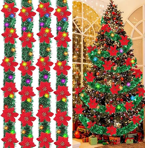Wettarn 60 ft Christmas Tinsel Garland Lighted Prelit Metallic Garland Artificial Red Poinsettia Glitter Tinsel Garland for Indoor Outdoor Winter