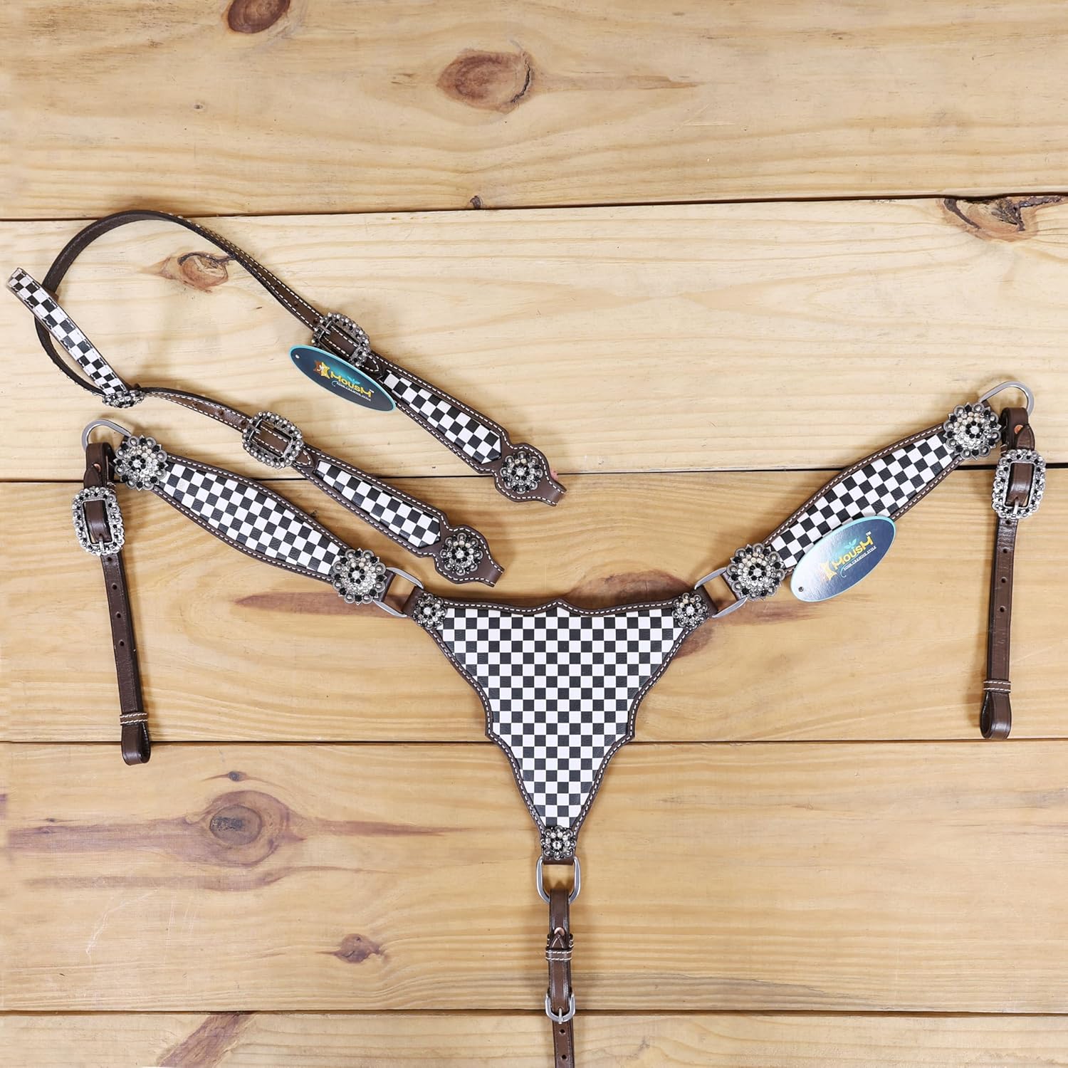 Western Headstall & Breast Collar Tack Set – Horse Race Finish Line Checkered Design on White Leather | Genuine Argentine Cow Leather | Handcrafted Quality