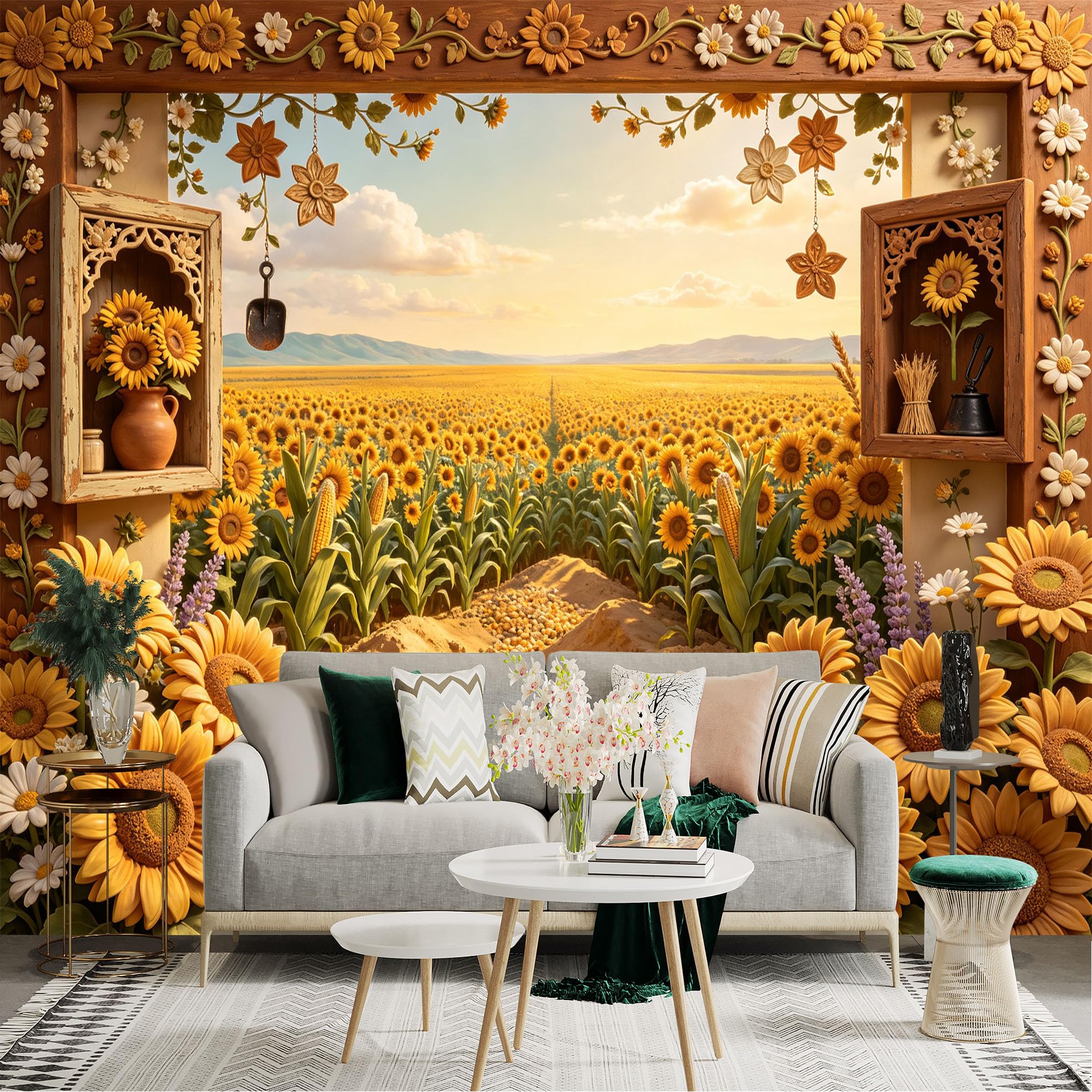 Lnzczhyre Bh260719028 Custom Size Wall Sticker Mural， Beautiful Sunflower Field， Farmhouse Summer Scenery， Vibrant Floral Meadow， For Wall Decoration， Peelandstick Wall Decals.