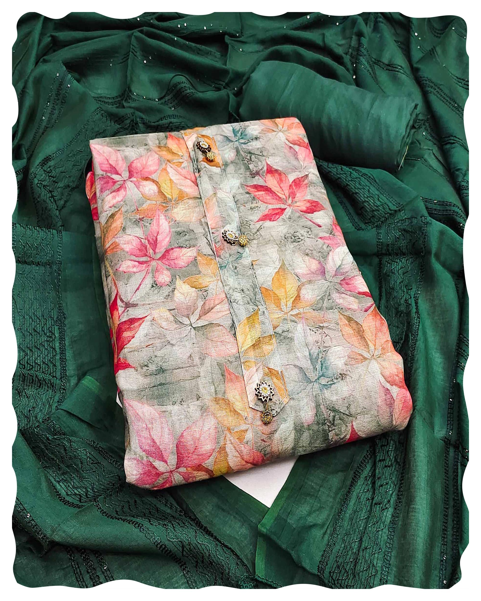 Green Floral Printed Linen Unstitched Dress Material for Women | Santoon Bottom, Inner & Chanderi Dupatta | Ethnic Suit Fabric for Functions & Special Occasions-image-15