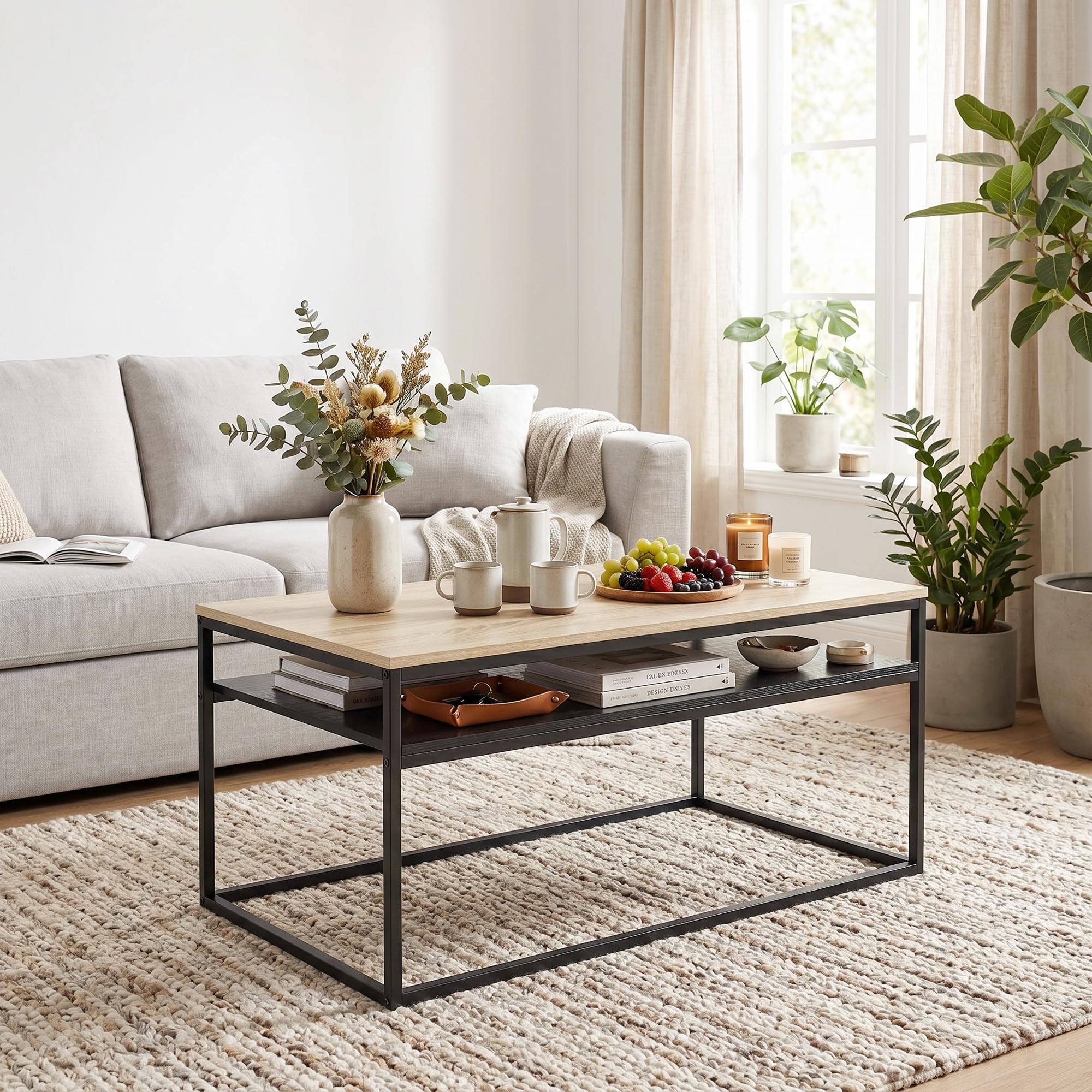 HOMCOM Couchtisch Wohnzimmertisch mit Ablage, Moderner Kaffeetisch im Industrial Design, Beistelltisch mit Metallrahmen Sofatisch für Wohnzimmer, Schlafzimmer, 100 x 59,8 x 47 cm, Eiche