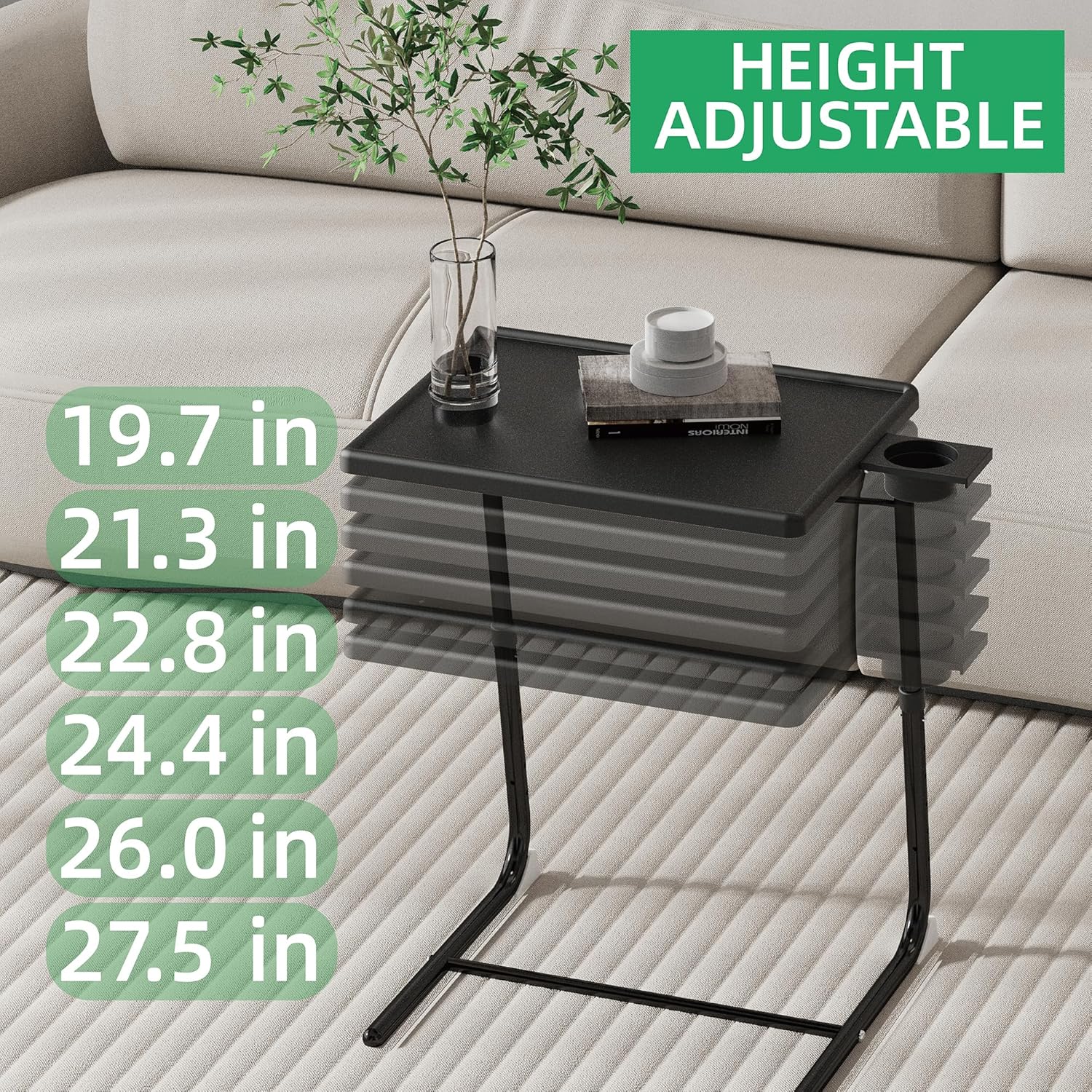 Adjustable TV Tray Table for Breakfast & Dinner - Black Folding Couch Desk with Cup Holder, Portable Eating Tray for Sofa, Bed, Living Room - 6 Height & 3 Angle Adjustments