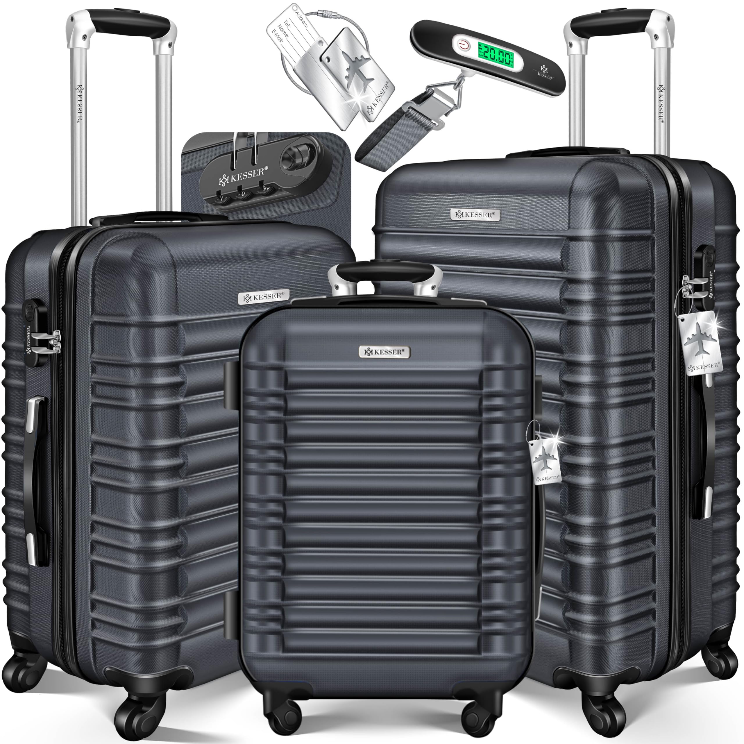 KESSER® 3tlg. Hartschalenkofferset Hartschalenkoffer Trolley Koffer Reisekoffer Reisekofferset Gepäck Rollkoffer Schloss 4 Rollen ABS-Hartschale Teleskopgriff inkl. Kofferwaage & 3X Anhänger M-L-XL