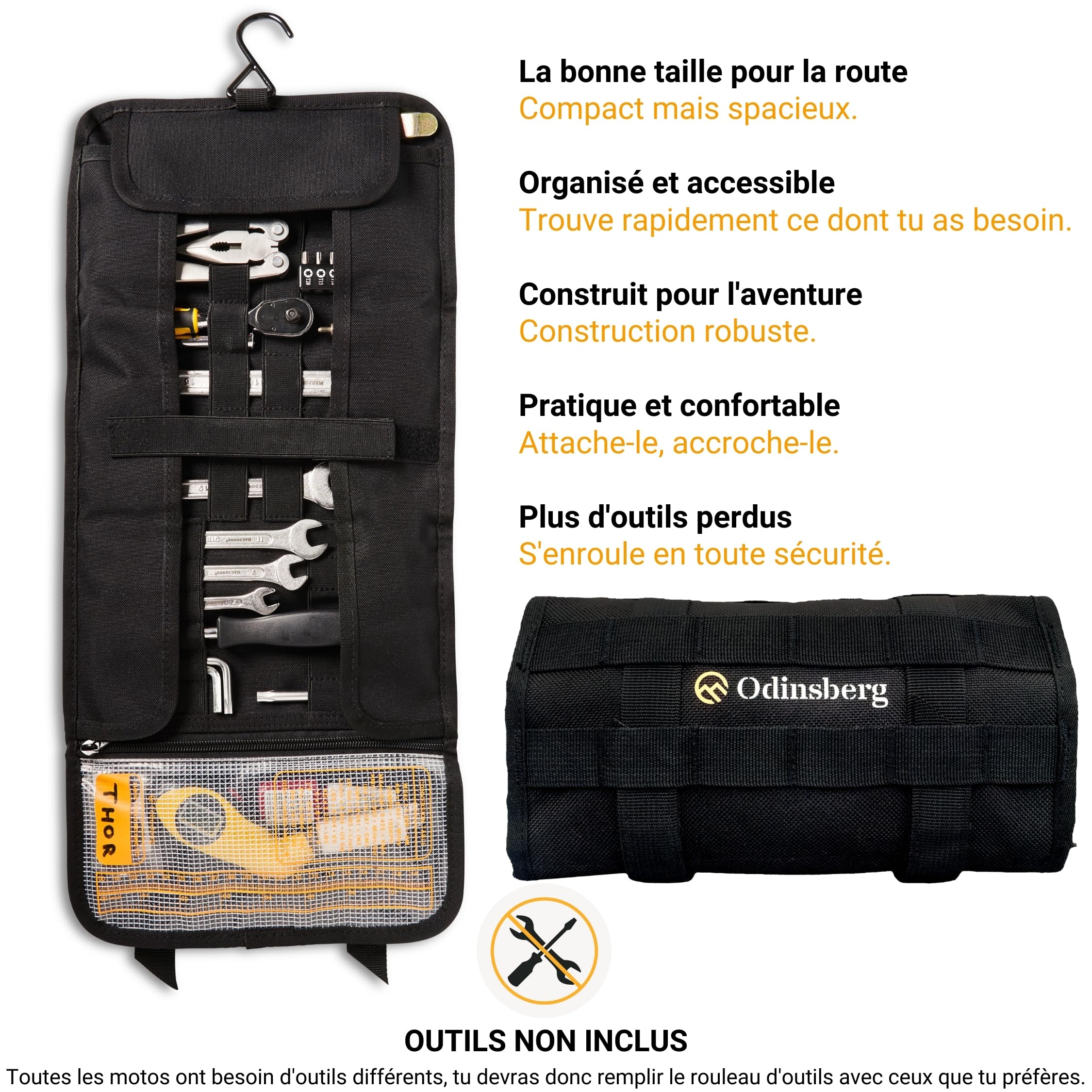 Odinsberg Sac à Outils Moto Enroulable - Outils NON inclus - Sacoche avec 56 élastiques, poche, système MOLLE et double fermeture pour protéger et organiser la trousse à outils