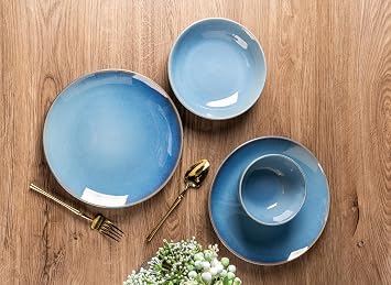 GBHOME Ceramic Dinnerware Sets for 6, 24 Pieces Stoneware Plates and Bowls Sets, Reactive Glaze Dishes -Scratch Resistant, Dishwasher&Microwave Safe,Alaskan Blue(Service for 6.24pcs)