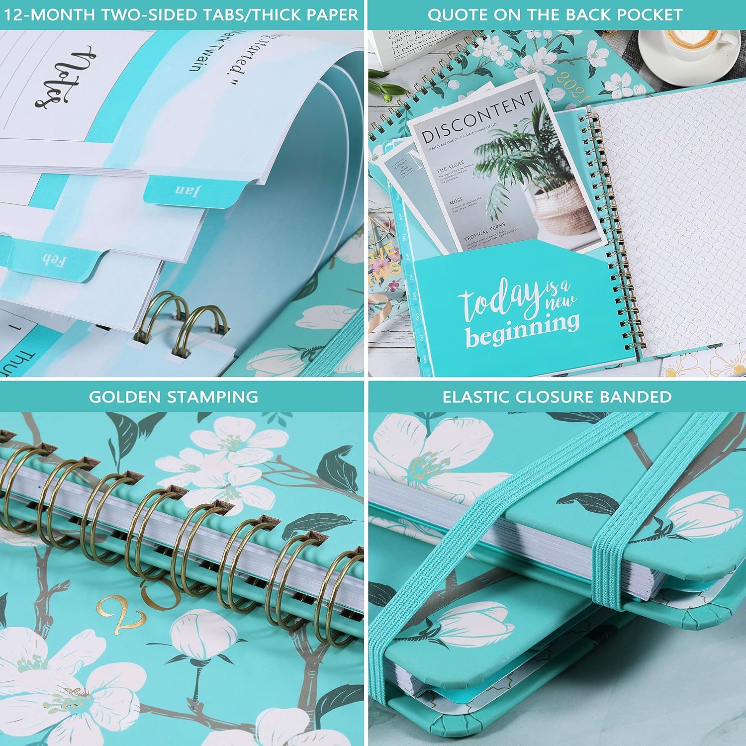 2021 Planner - Weekly & Monthly Planner with Tabs, 9.2" x 11.2", Jan 2021 - Dec 2021, Hardcover with Back Pocket + Thick Paper + Banded, Twin-Wire Binding - Teal Floral