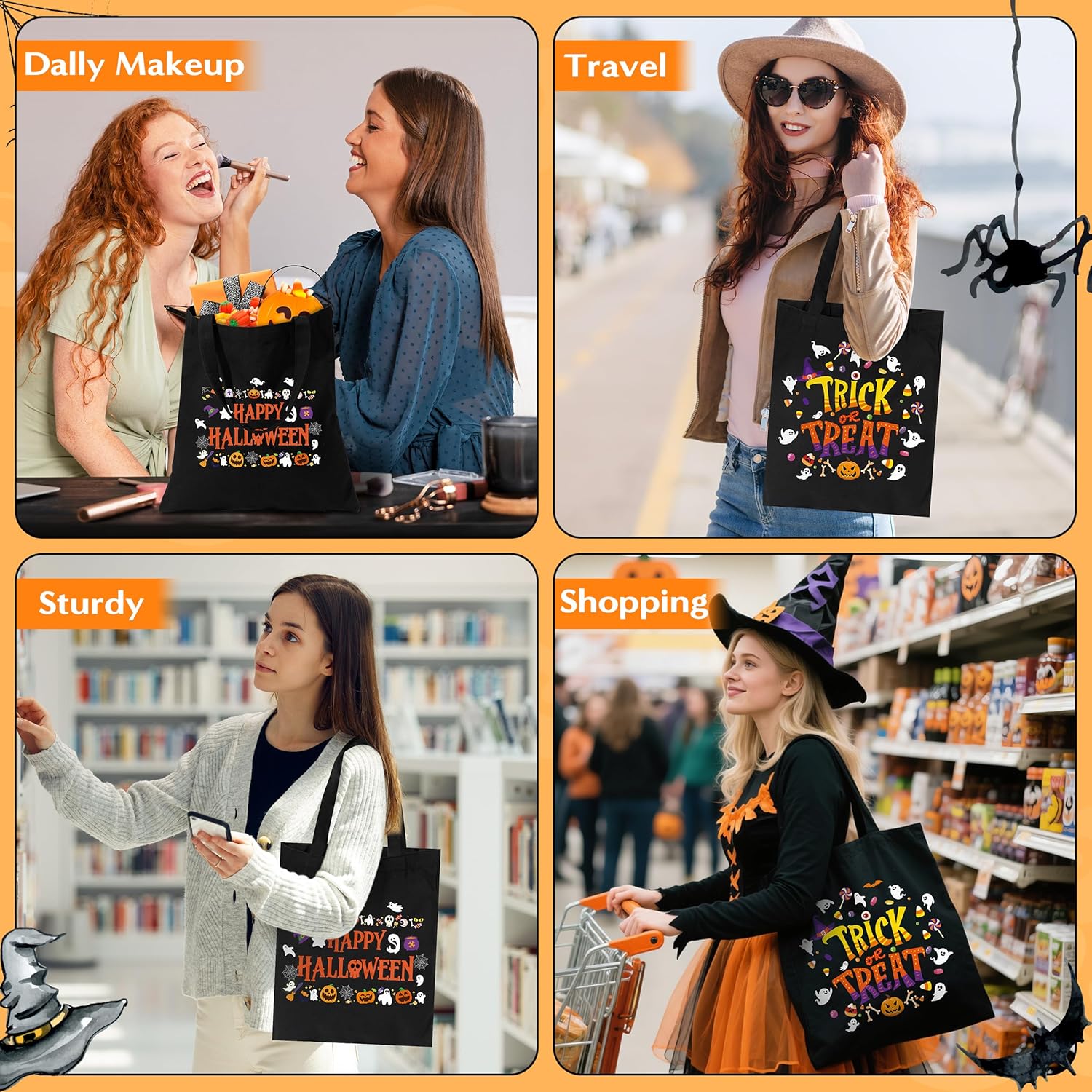 Y1tvei Happy Halloween Canvas Bags - 2Pcs Black Trick or Treat Canvas Tote Bags, Ghosts Glow in the Dark Halloween Candy Pumpkin Bag, Reusable Grocery Folding Shopping Bag Supply for Party Women Girls - Image 5