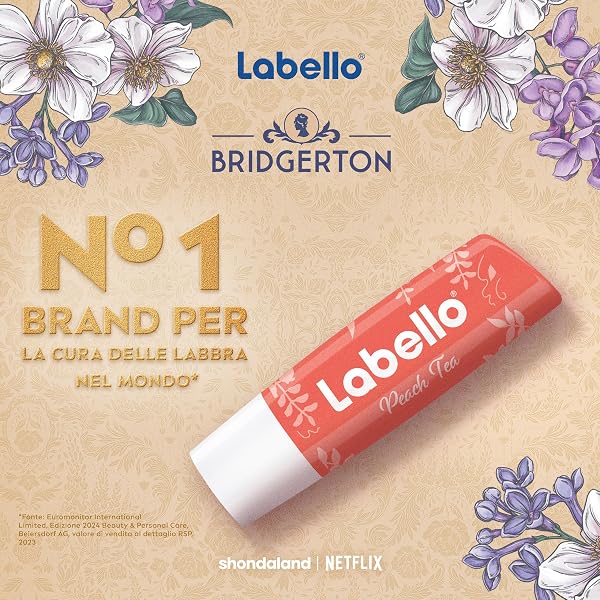 Labello Bridgerton Limited Edition Peach Tea 4.8g, Limited Edition Tinted Lip Balm, Lip Balm 24h Moisturizing Lip Balm with Peach Aroma and Touch of Brilliant Colour - 5
