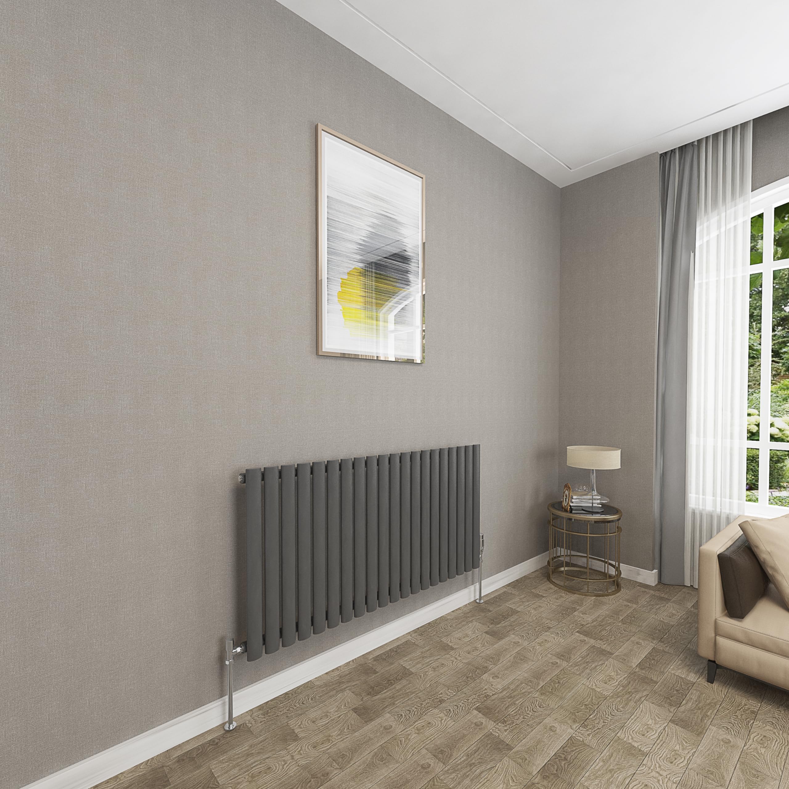 Sky bathroom | 600x1180mm - Modern Anthracite Horizontal Single Panel Oval Column Radiator Central Heating Designer Radiator