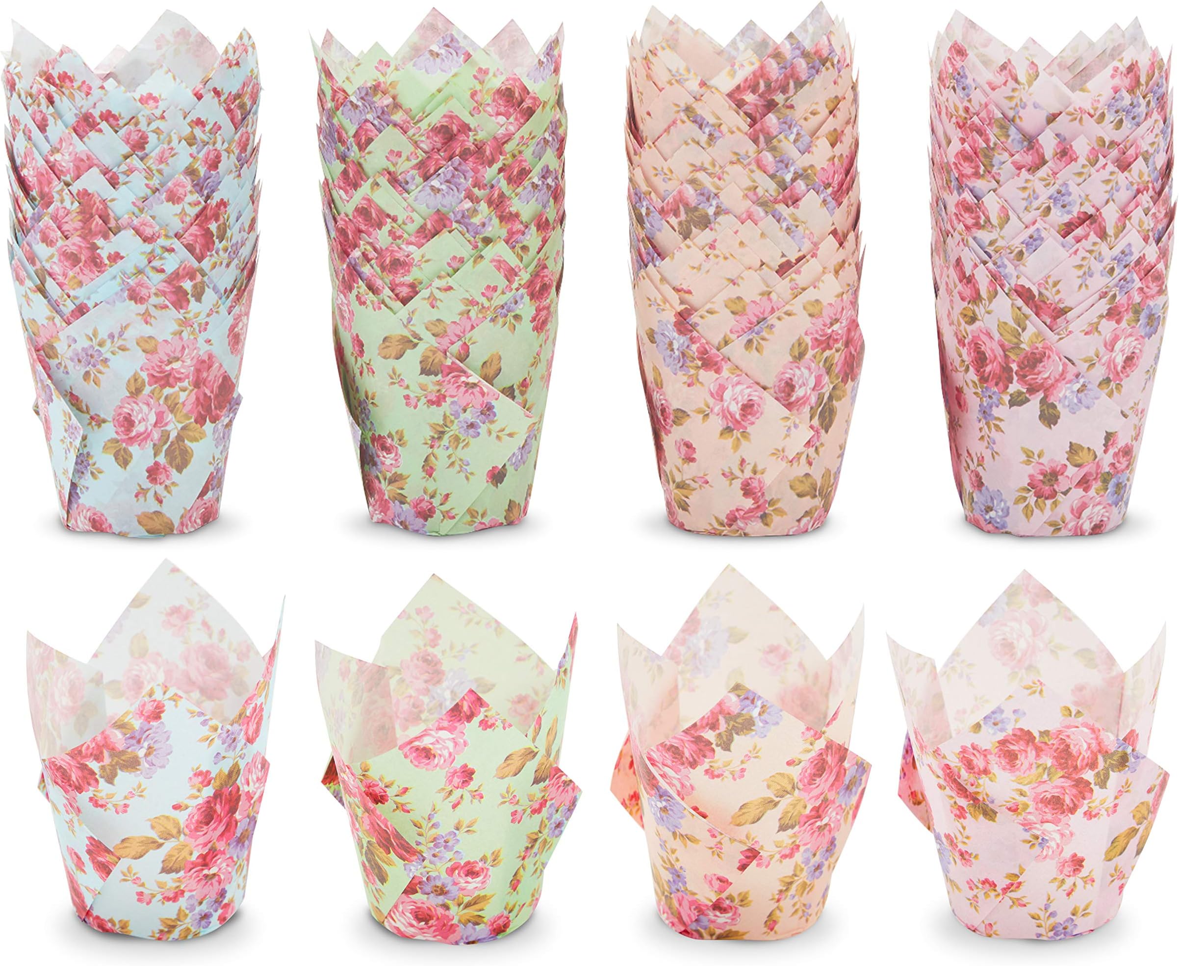 Sparkle and Bash Floral Tulip Cupcake Liners - 200 Pack - Floral Baking Cups for Birthday, Wedding, Baby Shower - Muffin Wrappers - Muffin Liners