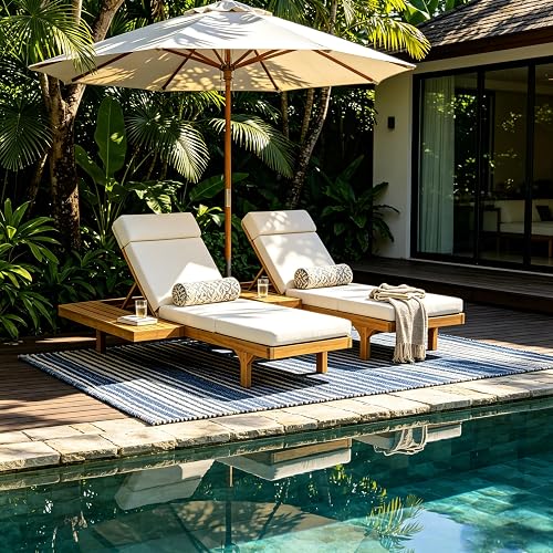 Acacia Wood Chaise Lounge Chair Set of 2, Double/Single Outdoor