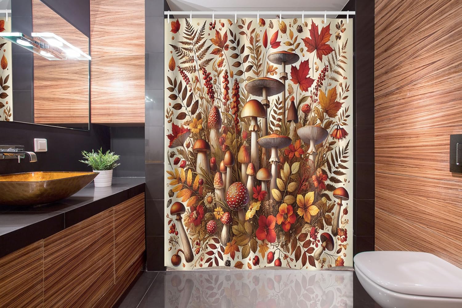 Ambesonne Fall Stall Shower Curtain, Woodland Botanical Bloom with Branches Leaves and Mushrooms Autumn Season, Fabric Bathroom Decor Set with Hooks, 54" W x 78" L, Cinnamon Fawn Orange