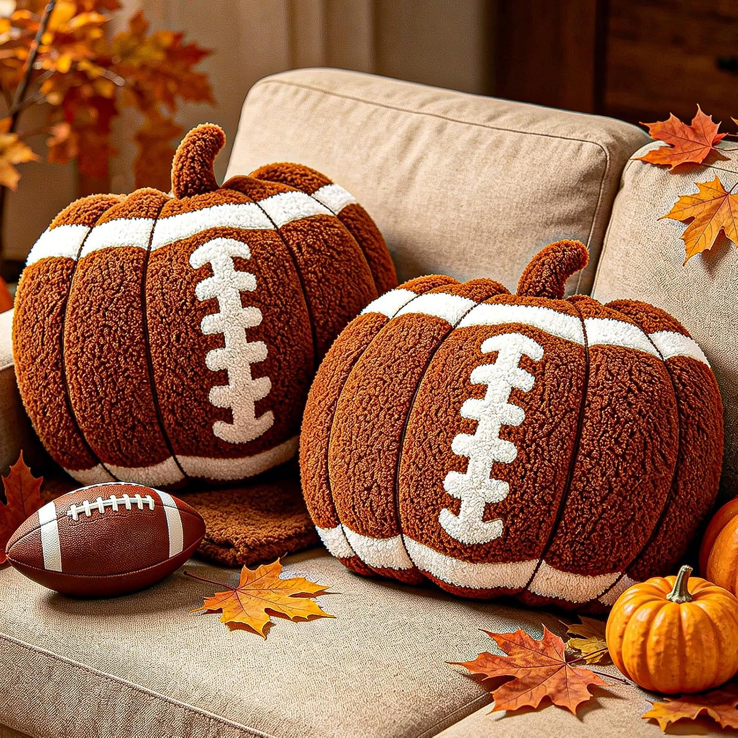 2Pcs 13.8" Fall Football Pumpkin Throw Pillows, Soft Teddy Fleece | Hypoallergenic Plush Stuffed Pumpkin Pillows for Couch Bed Home Decor, Machine Washable, Autumn Halloween Thanksgiving Gifts
