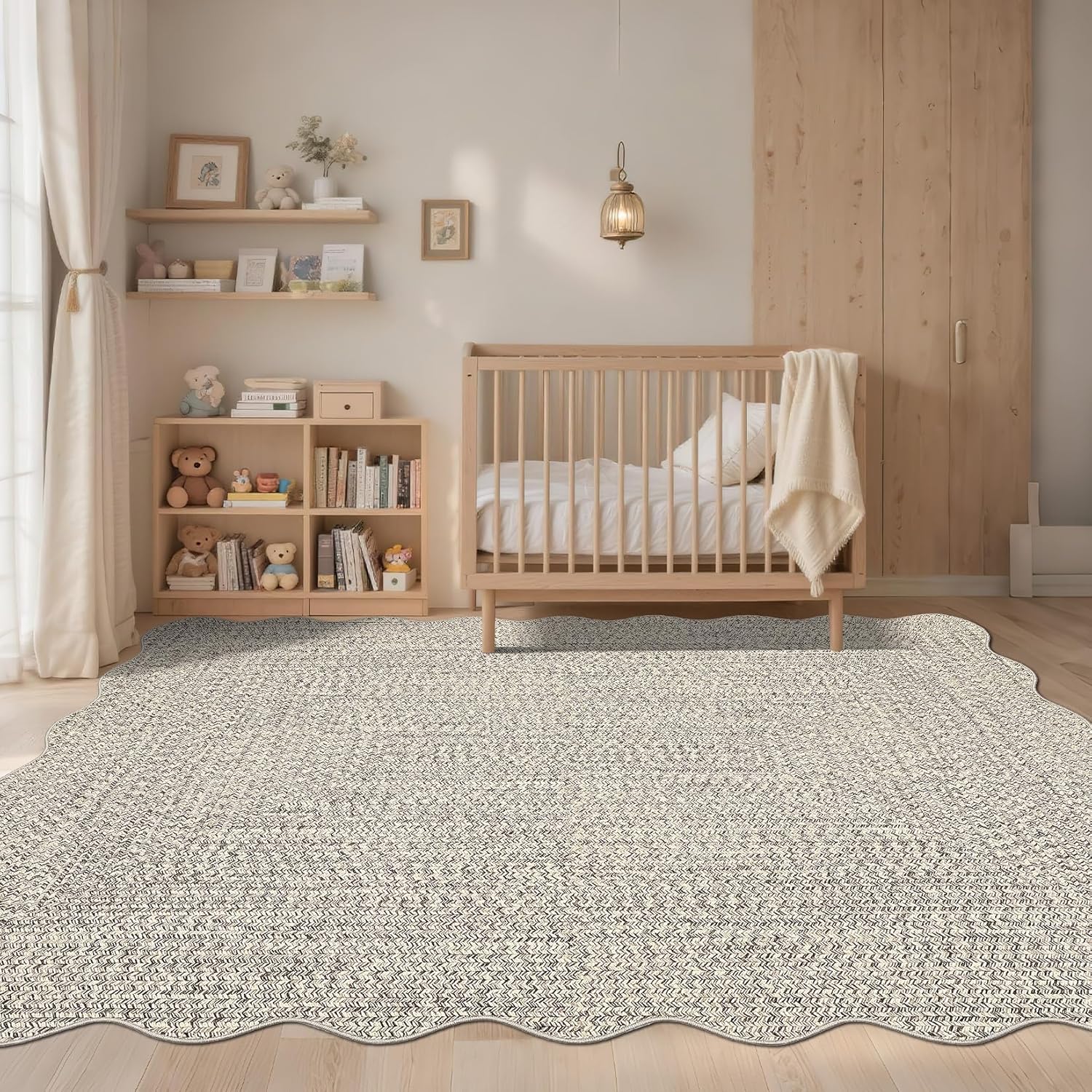 GarveeHome Printed Rugs with Braided Pattern on it, Scalloped Washable 9x12 Area Rug for Living Room Non Slip Soft Bedroom Rugs Low Pile Stain Resistant Carpet for Nursery Dining Room Classroom