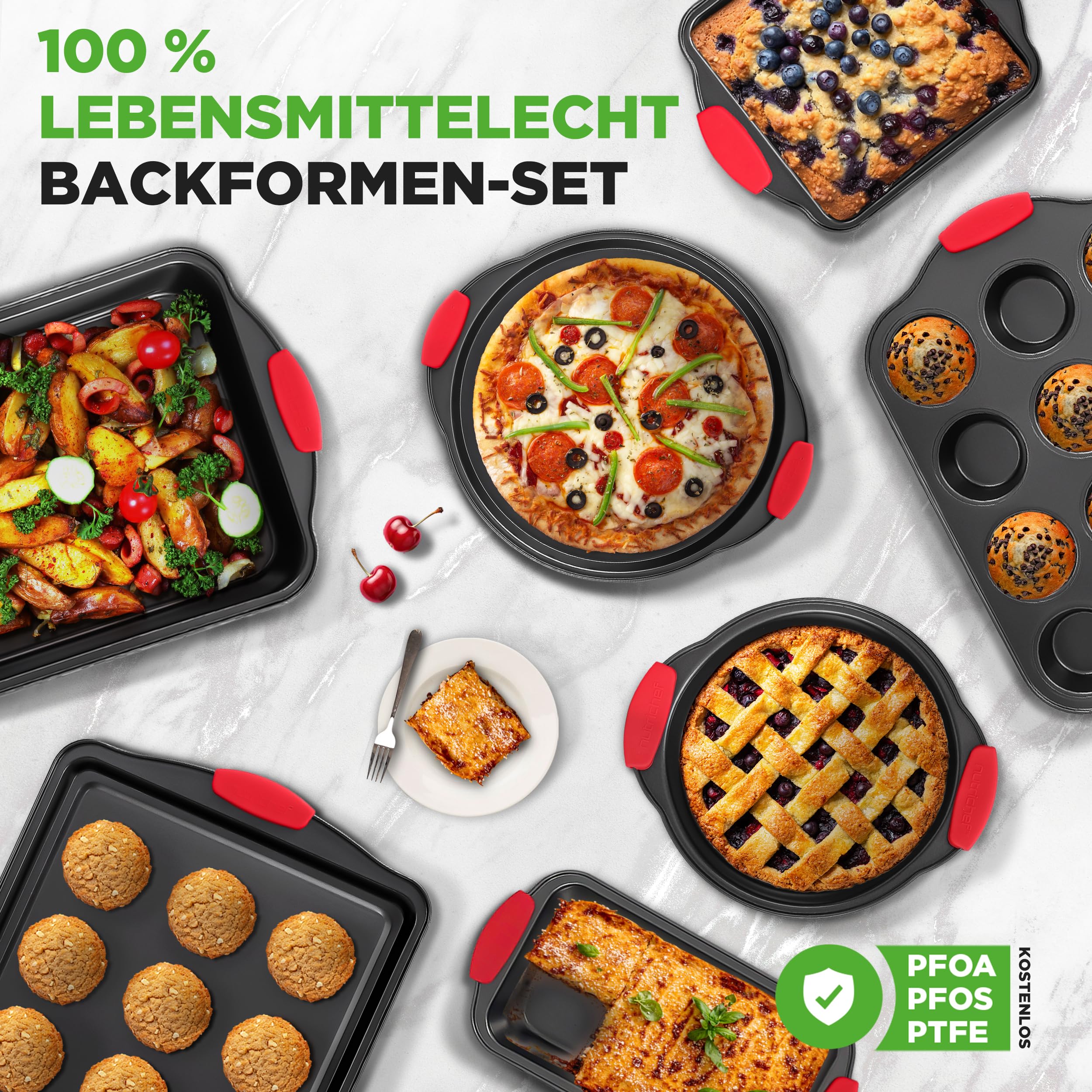 NutriChef Backset 8-teilig – Backblech, Brotbackform, Muffinform, Pizzablech Antihaft & spülmaschinenfest, platzsparend stapelbar, hitzebeständig & lebensmittelecht