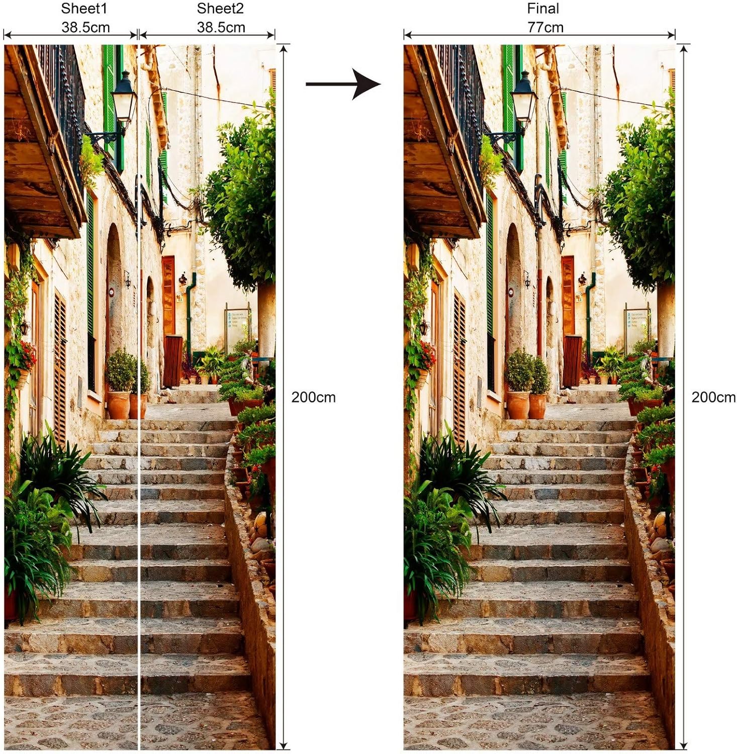A.Monamour 3D Door Stickers for Interior Doors Stone Stairs Street in Valldemossa Village in Mallorca Spain Vinyl Waterproof Self Adhesive Door Mural Decals for Bedroom Office Bathroom 77 x 200 cm