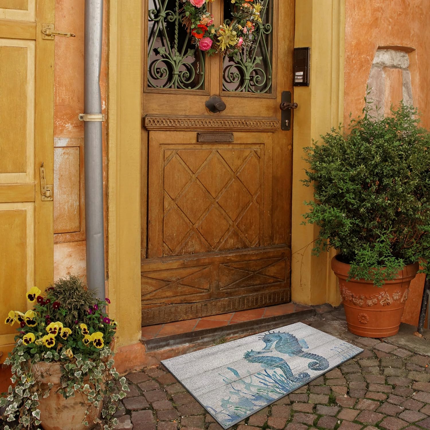 Nogrit Watercolor Ocean Animal Seahorse Under The Sea Rustic Waterproof Door Mat Outdoor Entrance 17x30 Inch Non-Slip Doormat for Beach House Front Door Porch Outdoor Indoor Decorations