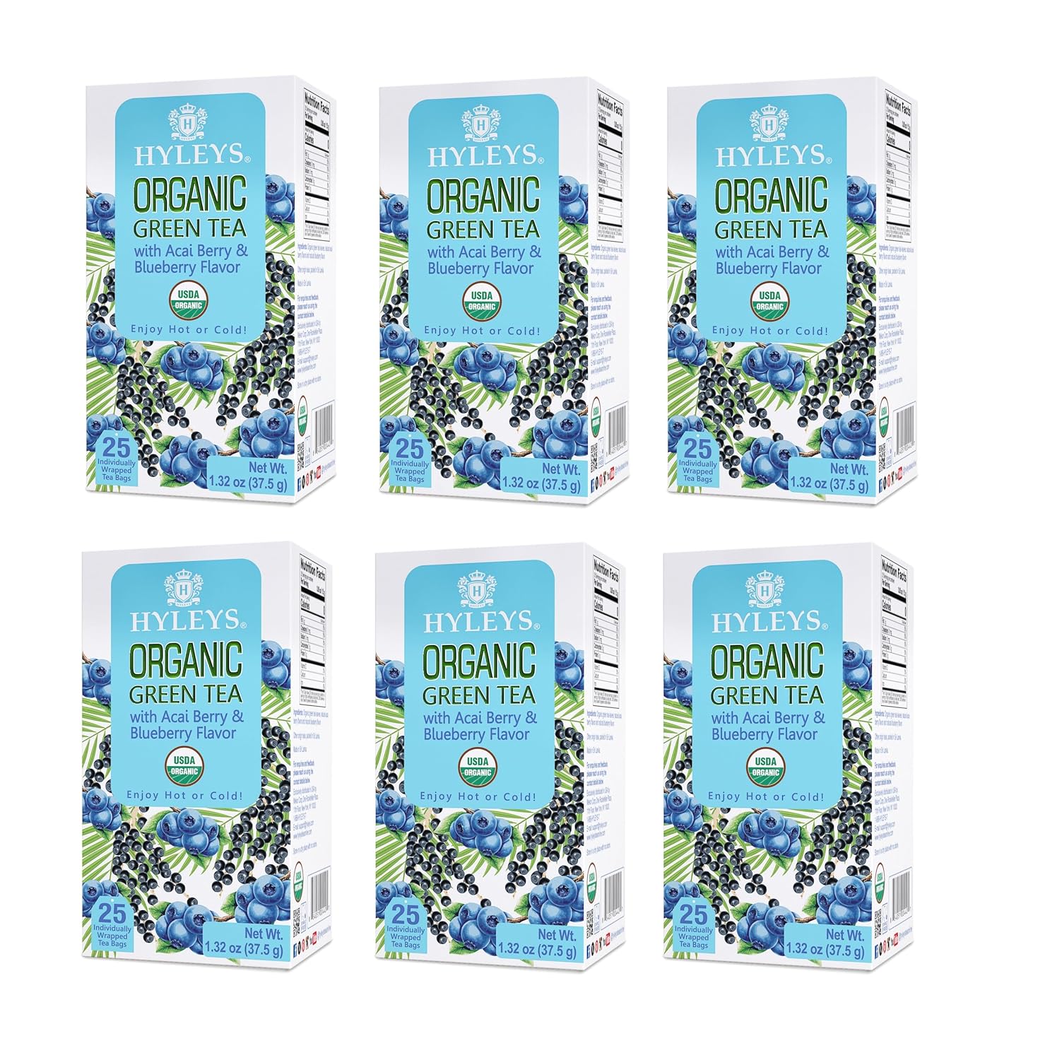 Hyleys Organic Green Tea Acai Berry and Blueberry Flavor - 25 Tea Bags - (6 Pack - 150 Tea Bags Total)