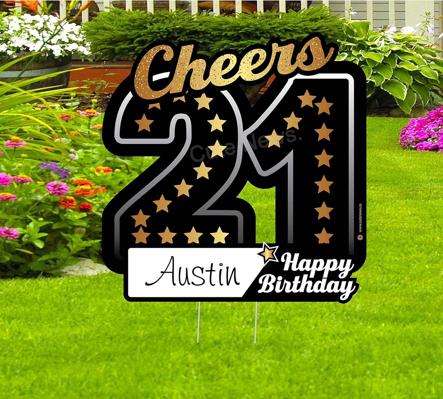 Happy 21st Birthday Yard Sign, Personalized Name Lawn Decoration, Custom Banner, Outdoor Greeting Art, Party Decor, Gift for Teens, Black & Gold Stars