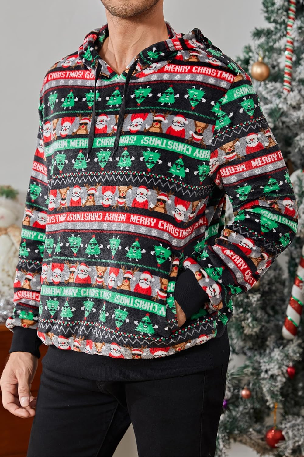 Runcati Mens Ugly Christmas Sweatshirt Fuzzy Sherpa Long Sleeve Hoodie Printed Kangroo Pocket Soft Pullover Tops - Image 3