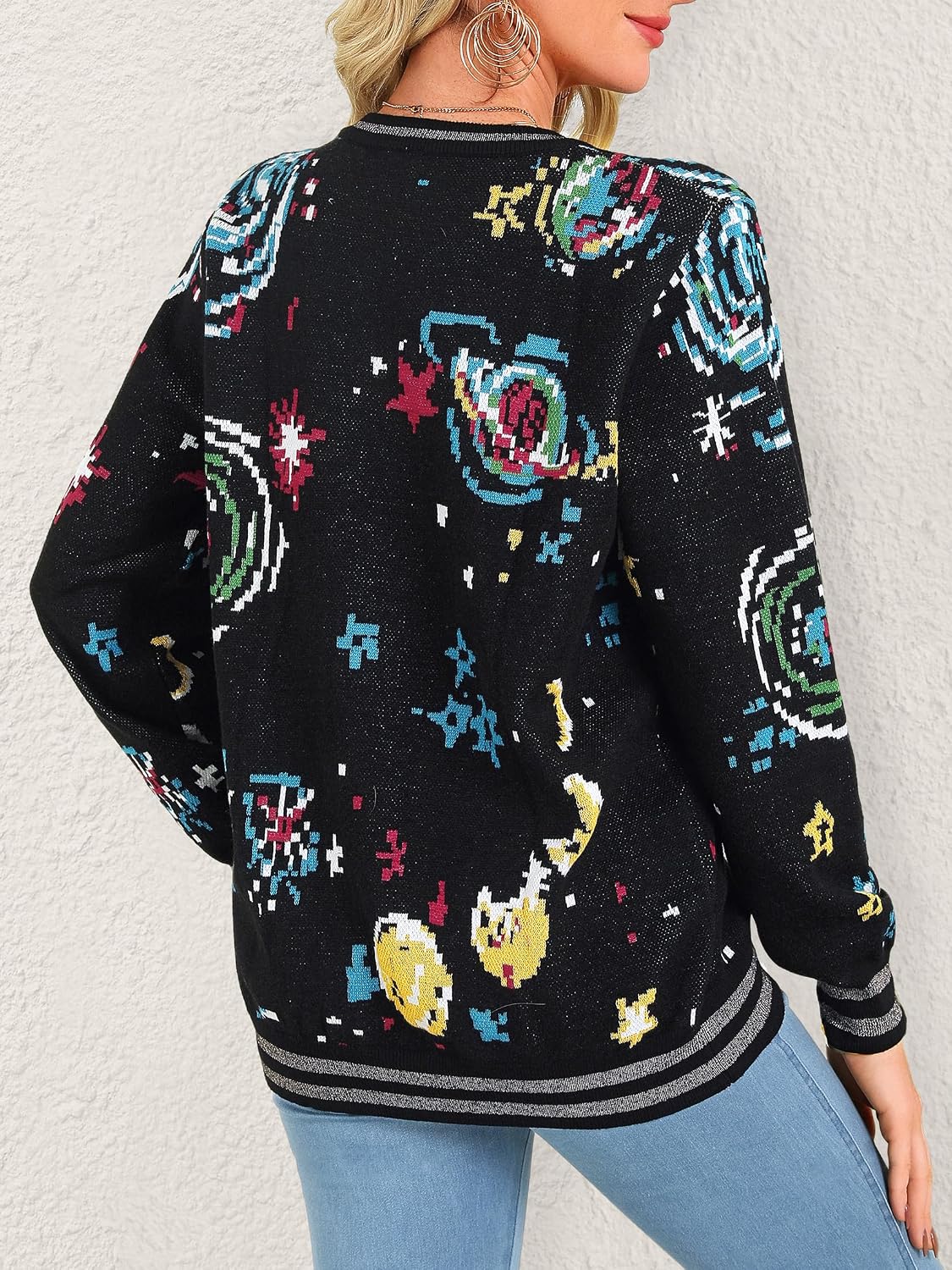 Ezcosplay Women Space Graphic Knit Sweater Crewneck Long Sleeve Vintage Galaxy Planet Pullover Knitwear