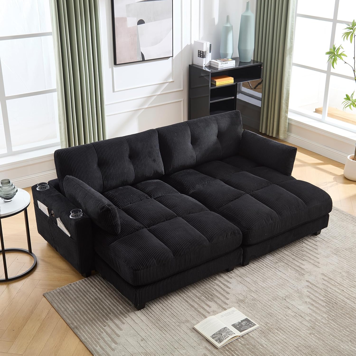 Oversized Loveseat Chaise Lounge Sectional Sofa Couch, Cloud Corduroy Sleeper Sofa with Cup Holders, Dual USB Ports and Adjustable Headrest for Living Room,Black