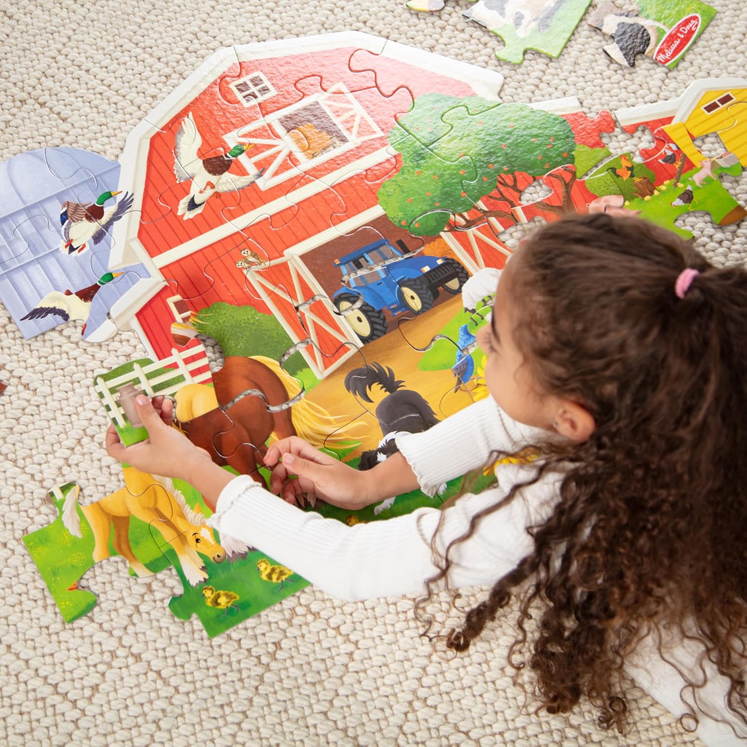 Melissa & Doug Busy Barn Shaped Jumbo Floor Puzzle, 32-Piece Barn-Shaped Jigsaw Puzzle with Farm Animals, 3 x 2 Foot Toddler Puzzles for Kids Ages 3+